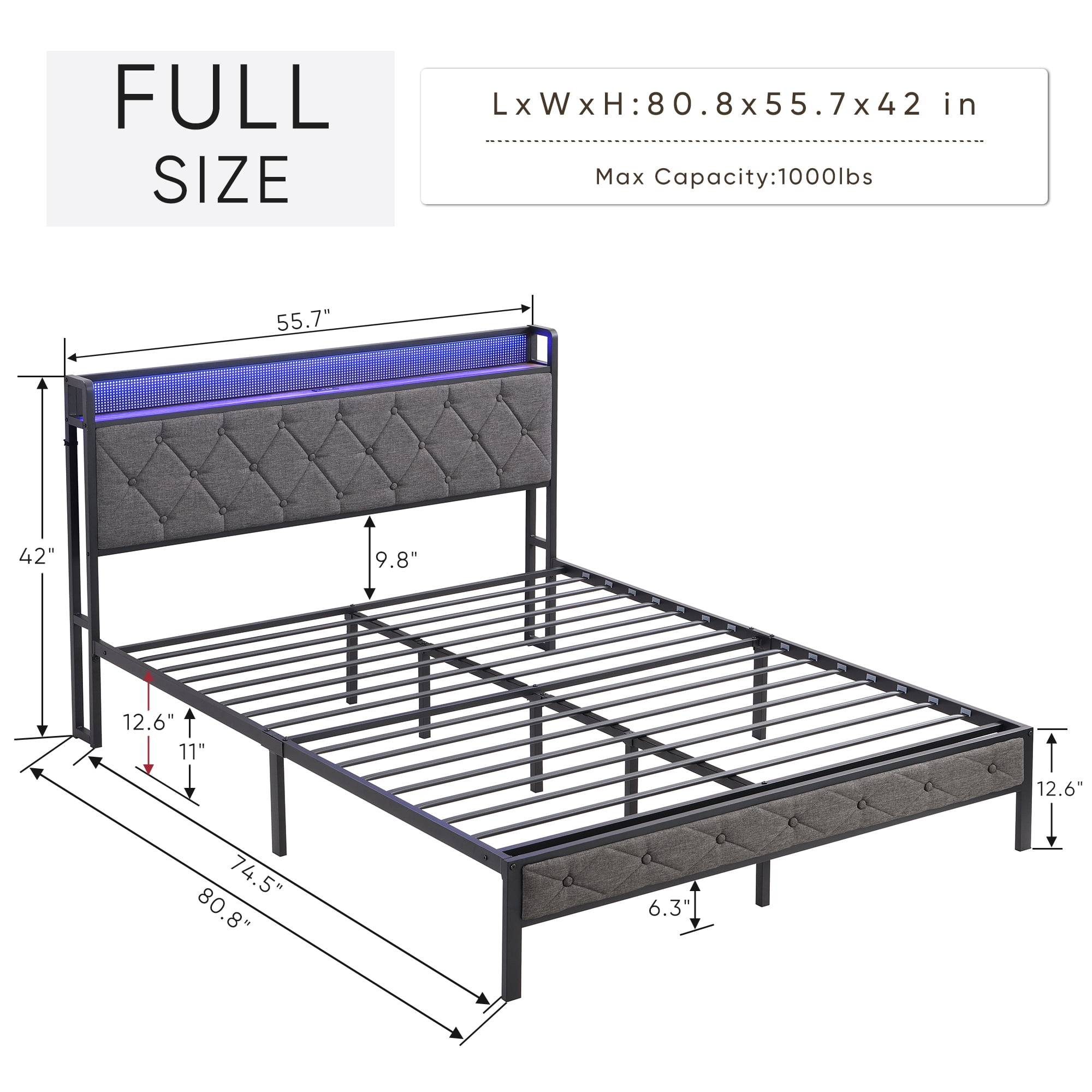 Full Size Upholstered Platform Bed with Storage Headboard & Charging Station & LED Lights,Noise Free,Full - Image 5