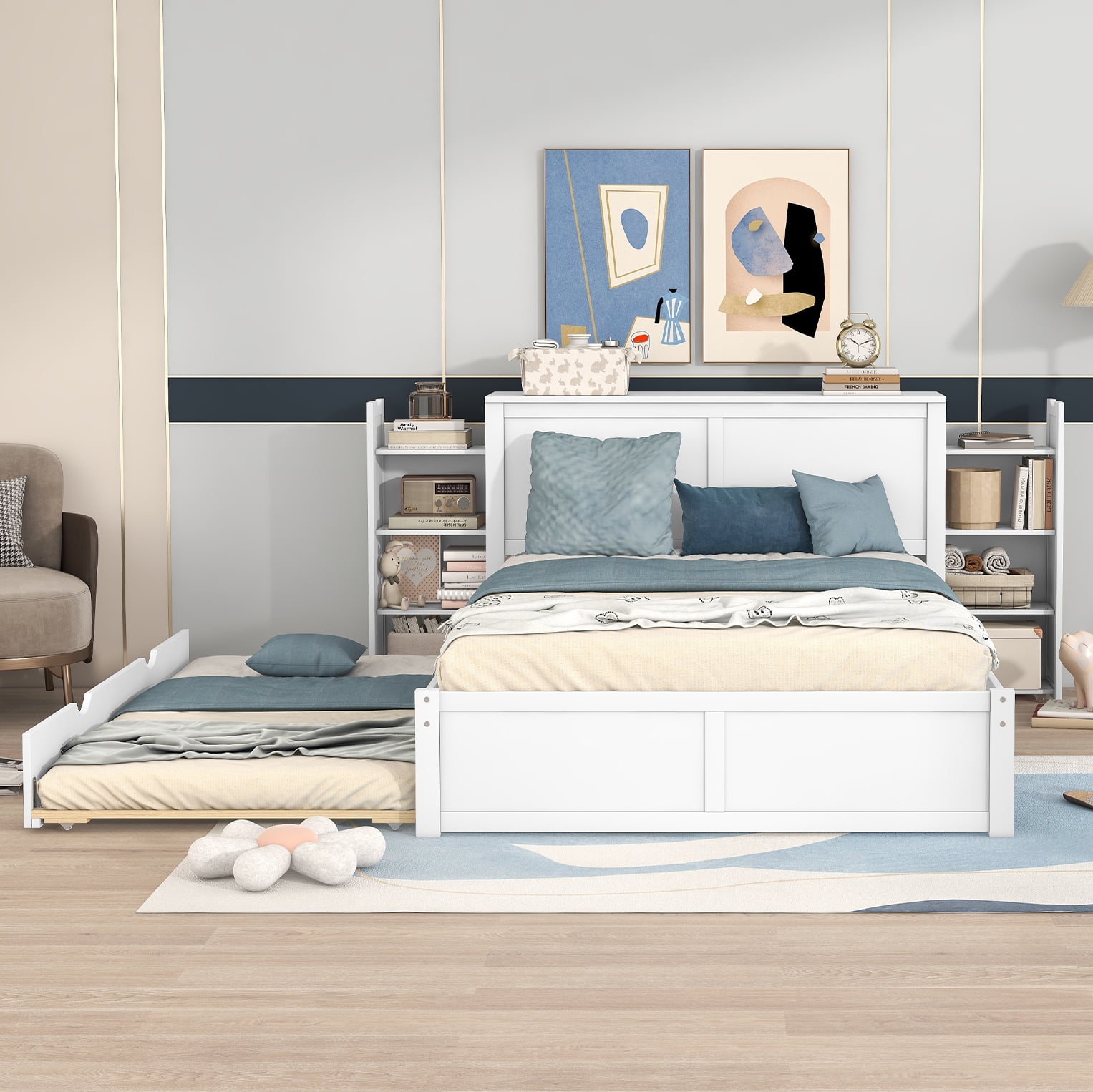 Euroco Full Size Wood Platform Bed with Trundle, Flexible 4-Tier Shelf in Headboard for Kids, White - Image 2