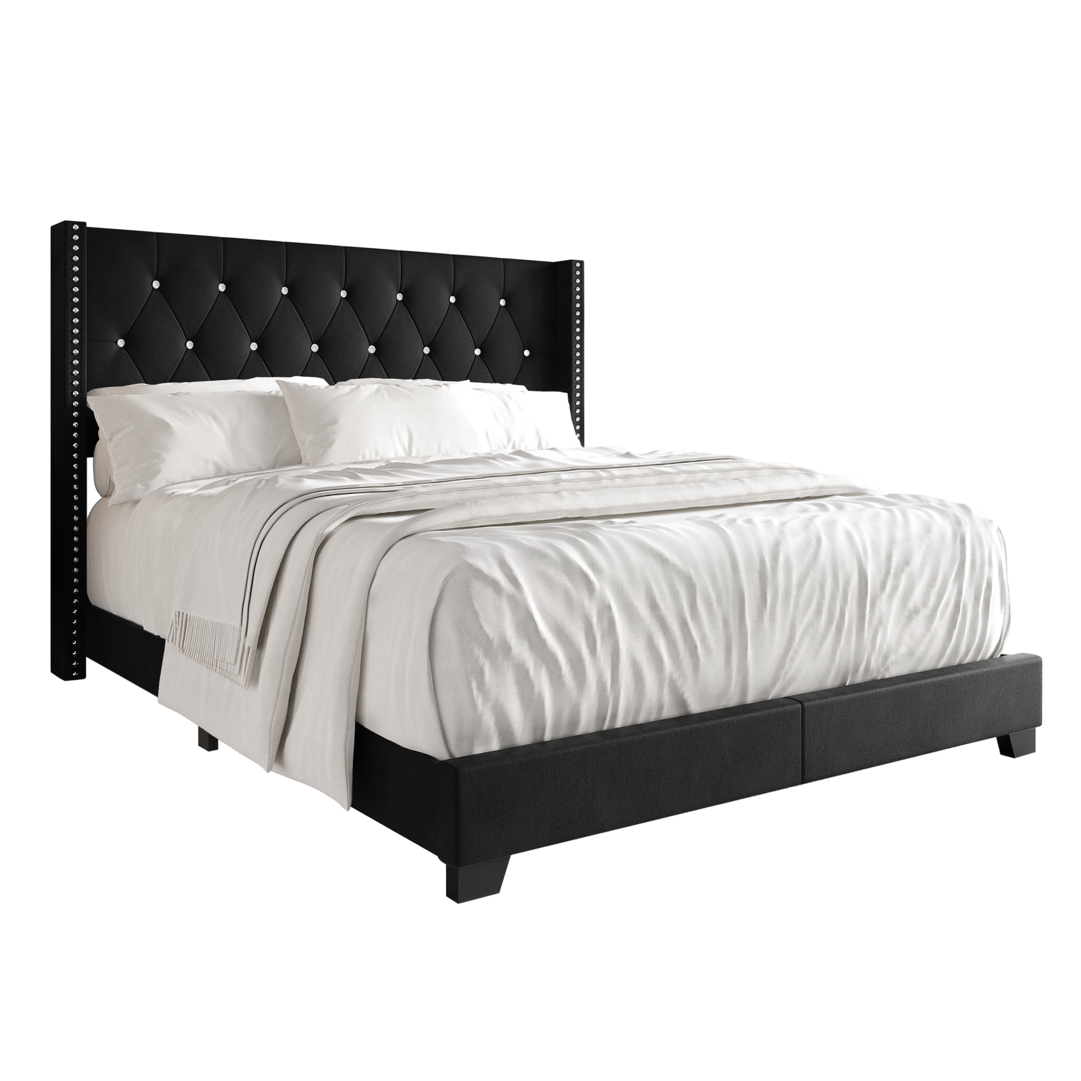 Castle Place Nailhead Trim Wingback Upholstered Bed, Black Velvet, Queen - Image 3