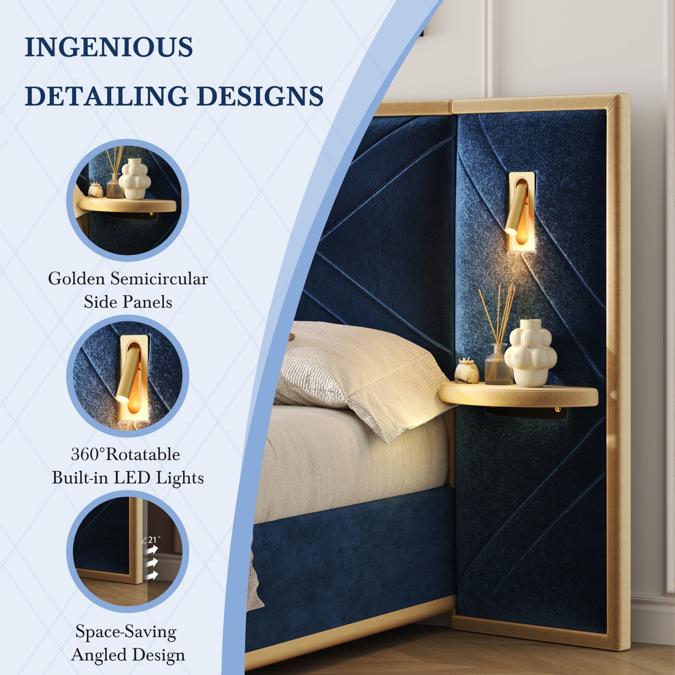 Christopher Knight Home Luxury Velvet Upholstered Queen Bed with Headboard, LED Lights, Storage Side Panels, Blue - Image 5