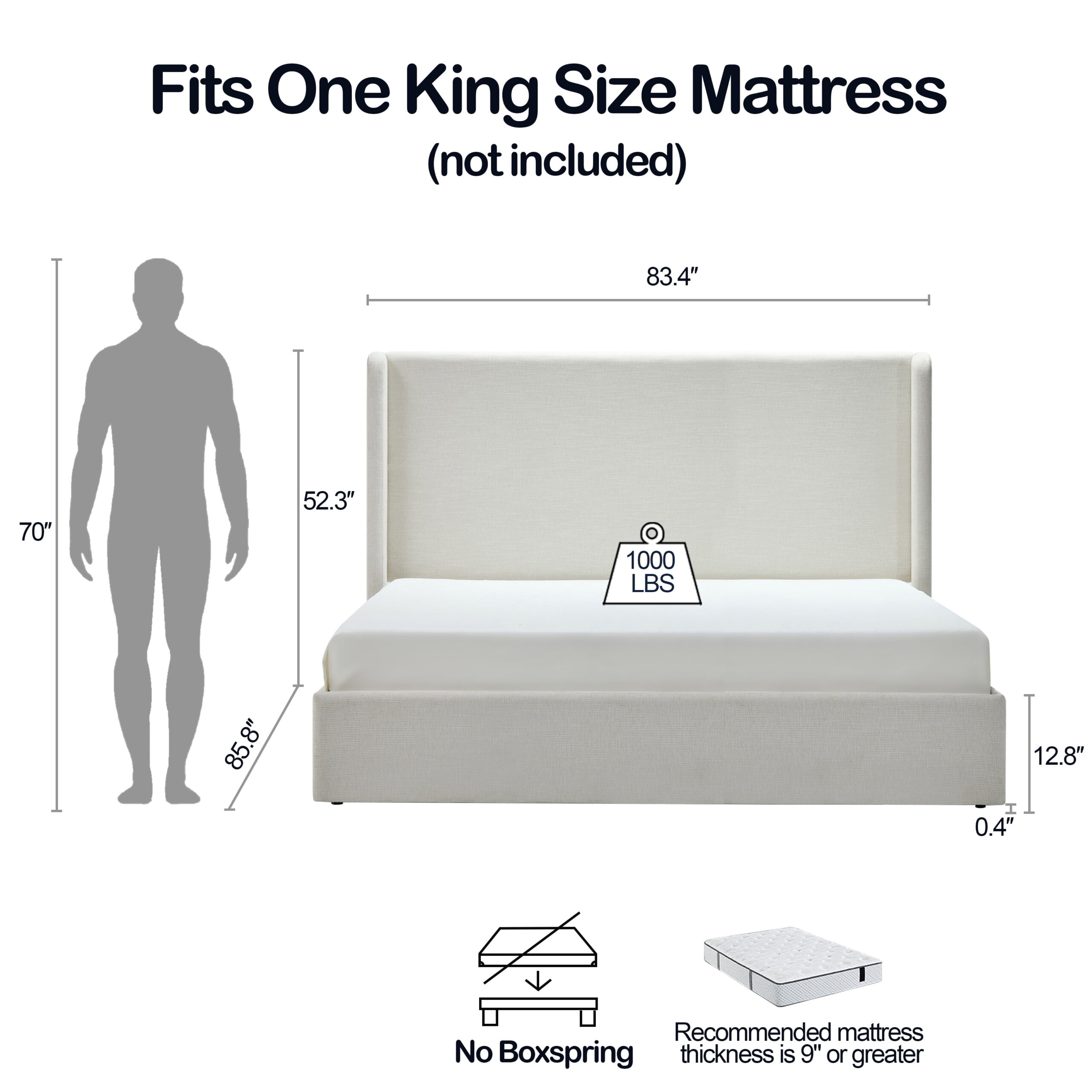 Miniyam King Size Wingback Bed with 54" High Upholstered Headboard for Adult, Ivory - Image 7