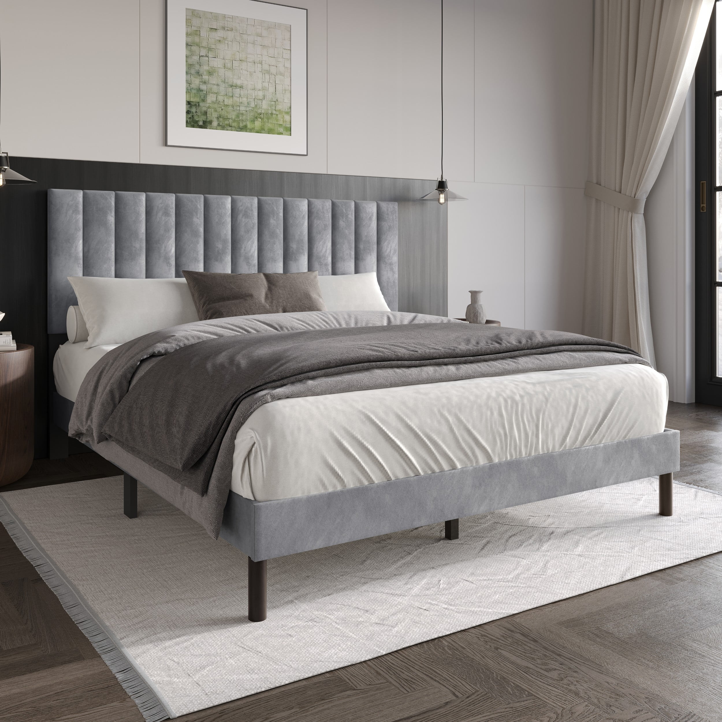 Home Design Sitka Twin Velvet Upholstered Platform Bed Frame with Channel-Tufted Headboard & Foam Padding, Silver Gray, Easy Assembly - Image 2