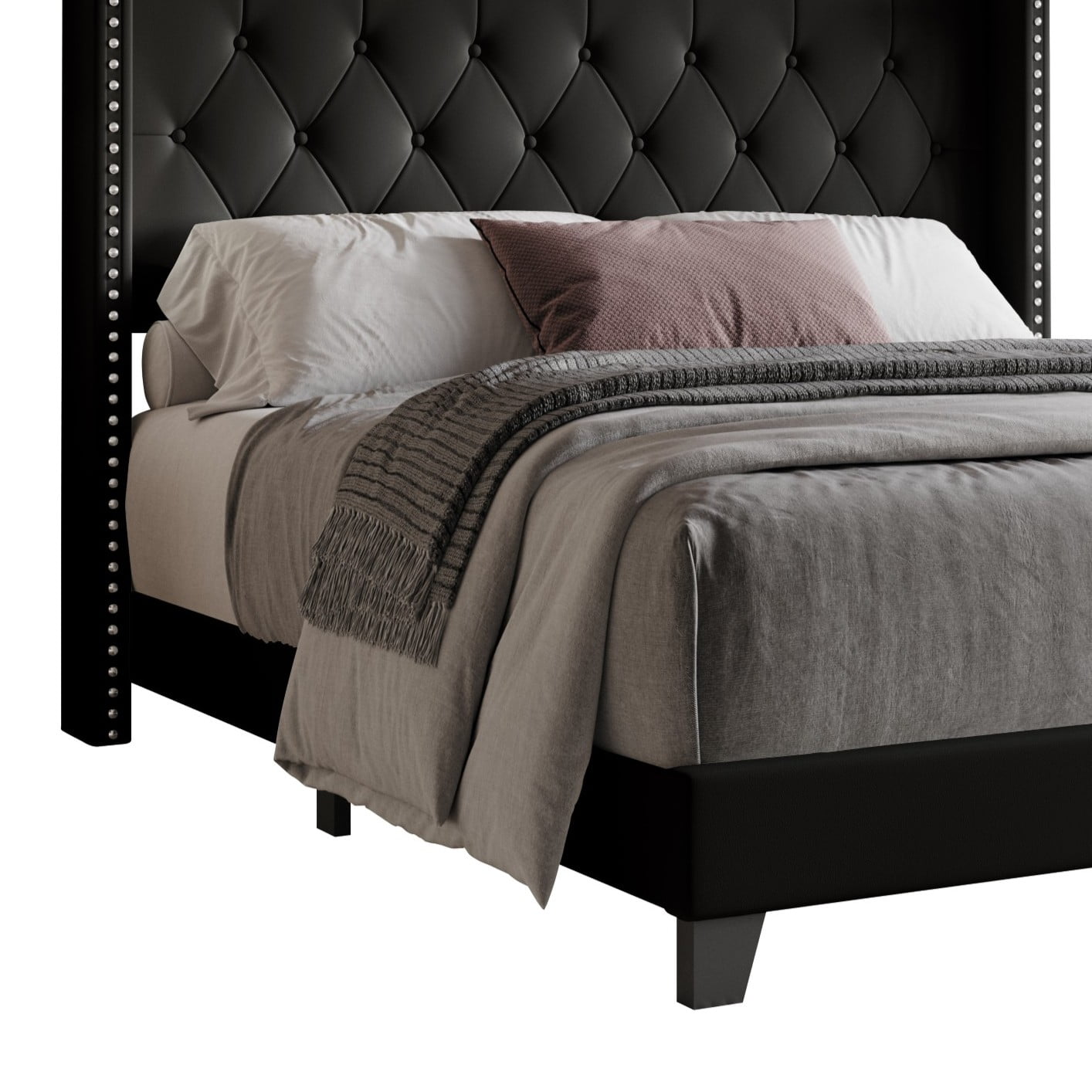 Home Design Homer Queen Button-Tufted Wingback Upholstered Panel Bed Frame with Nailhead Trim design for Adult, Black, Easy Assembly - Image 6
