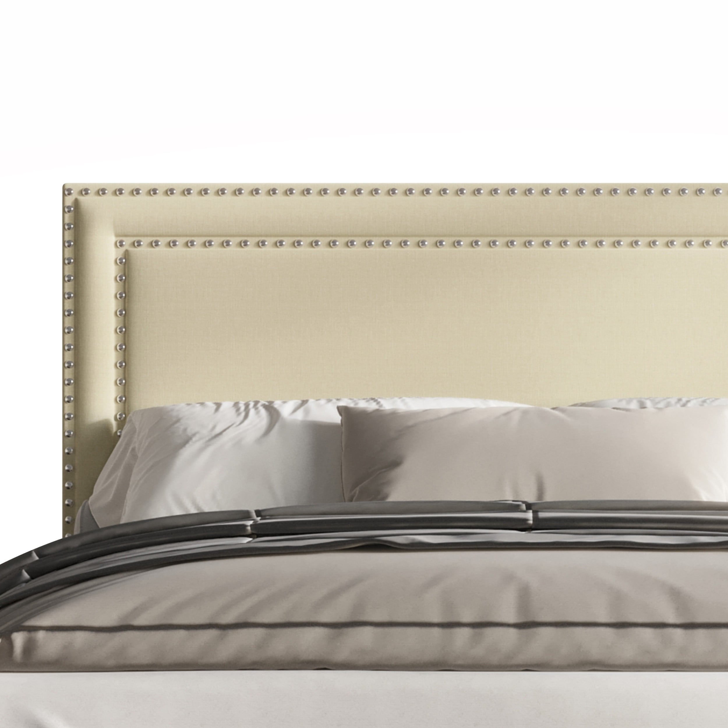 Home Design Keith King Upholstered Panel Bed Frame with Nailhead Trim, Beige – Adult Bedroom Furniture, Easy Assembly - Image 4