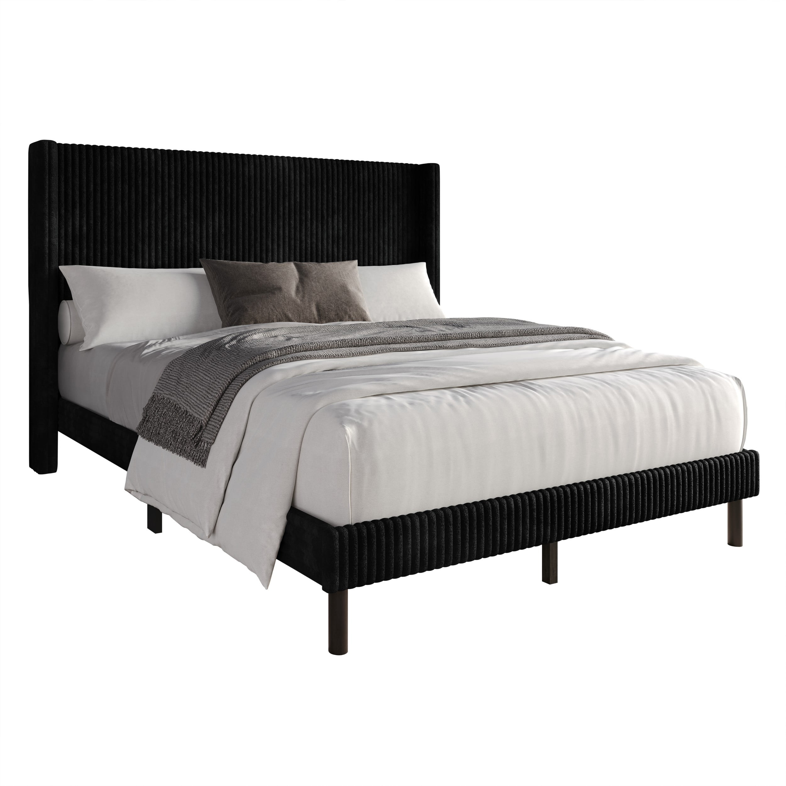 Home Design Duluth Queen Corduroy Velvet Upholstered Platform Bed Frame with Wingback Headboard & Button-Tufted Detail, Black, Easy Assembly - Image 4