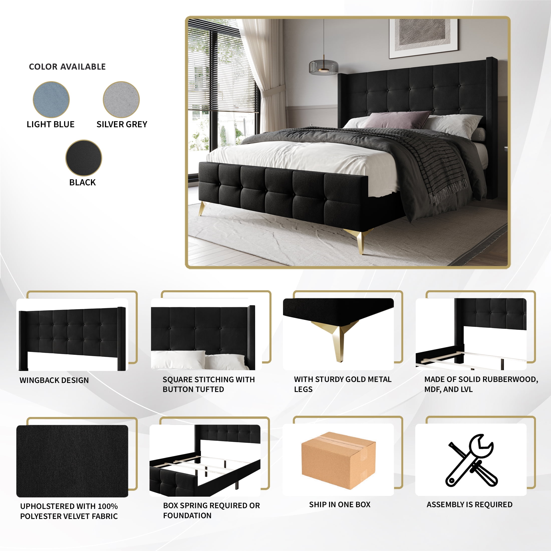 Castle Place Luxury Full Size Velvet Upholstered Bed In Black - Image 7