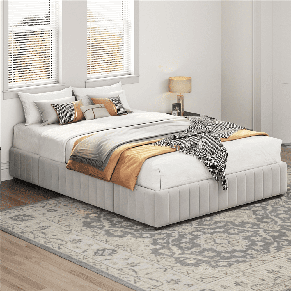 Renwick Full Size Upholstered Bed Frame with 4 Storage Drawers for Adult, Beige - Image 3