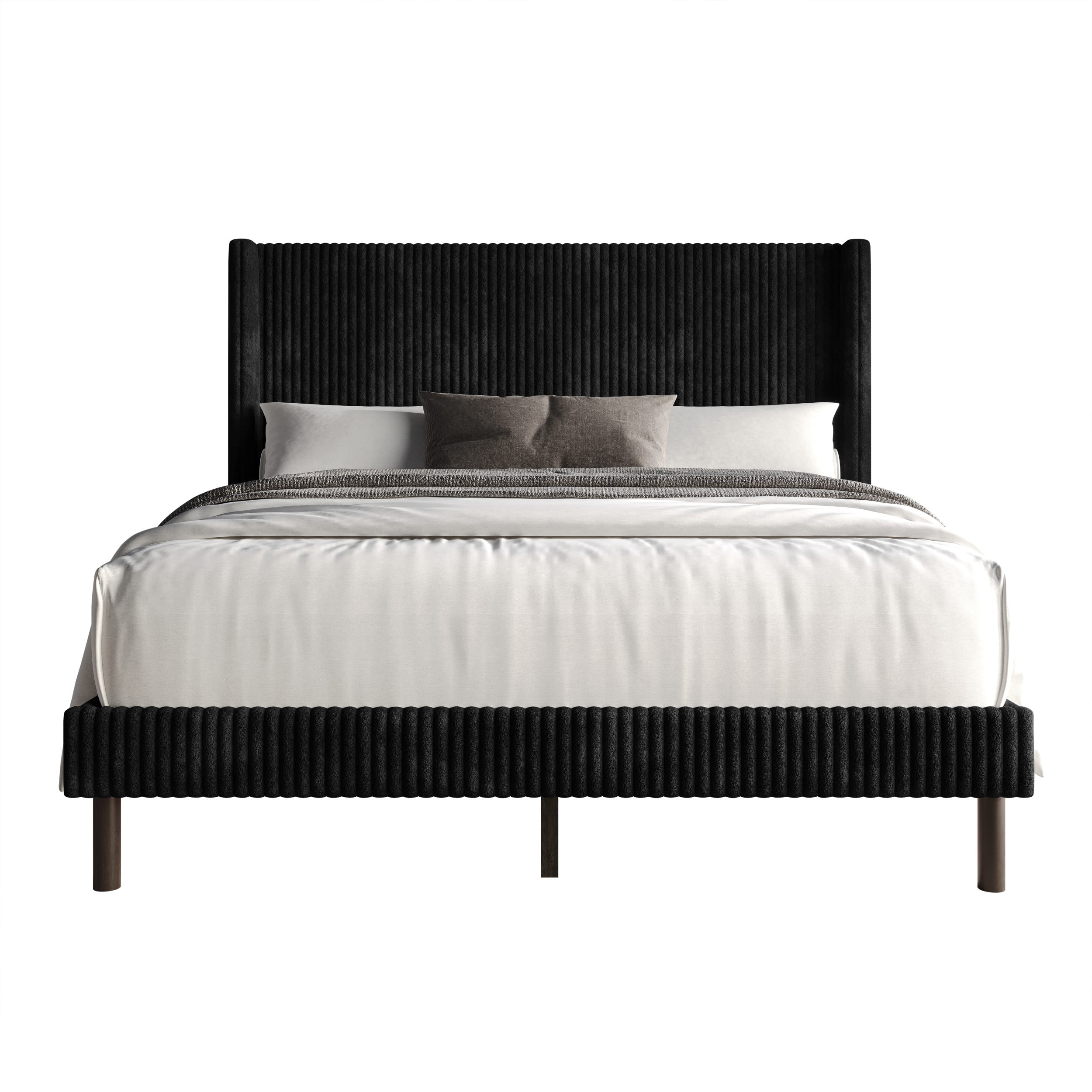 Home Design Duluth Queen Corduroy Velvet Upholstered Platform Bed Frame with Wingback Headboard & Button-Tufted Detail, Black, Easy Assembly - Image 3