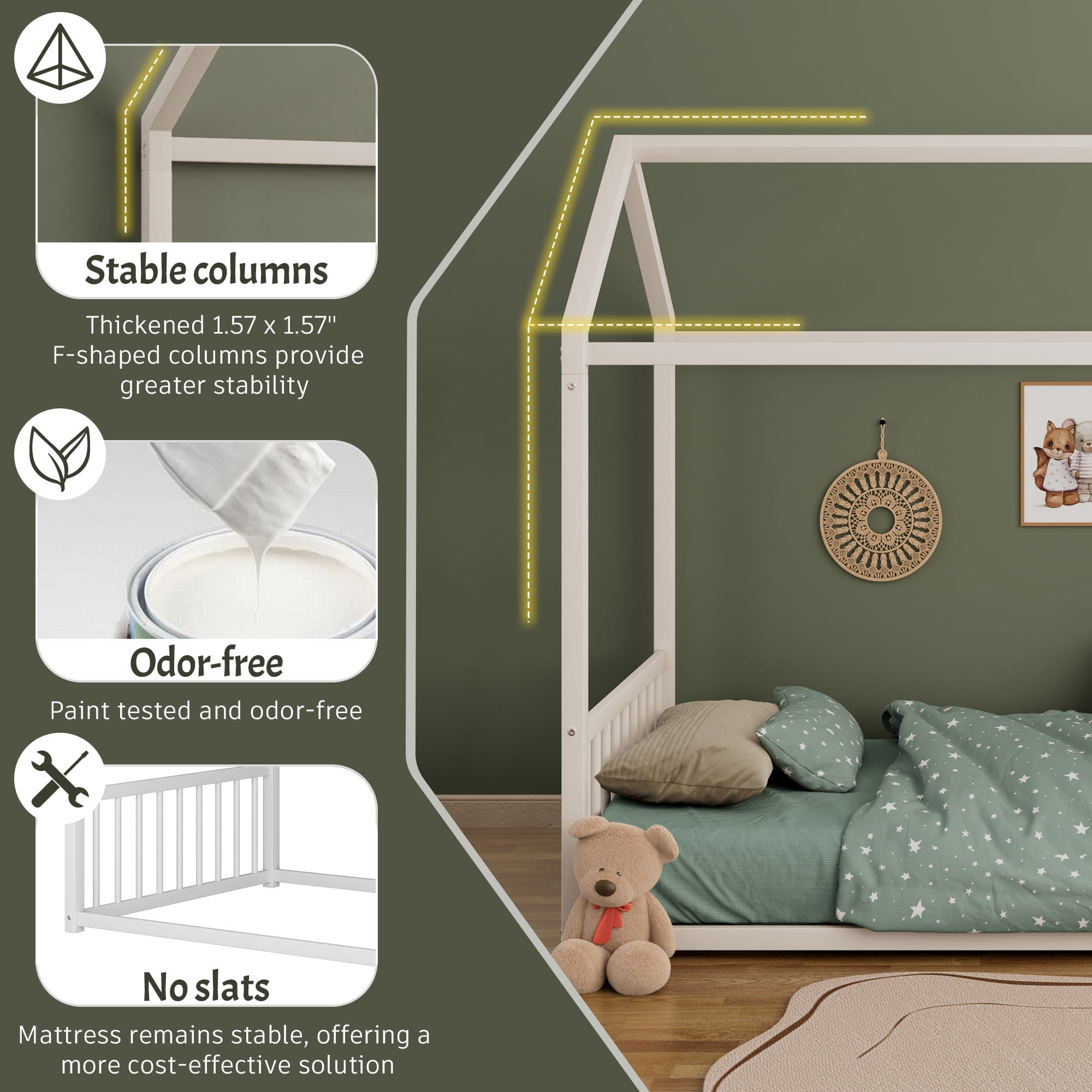 Euroco Metal Full Size Canopy Bed, Low Profile House Bed with Guardrails, White - Image 4