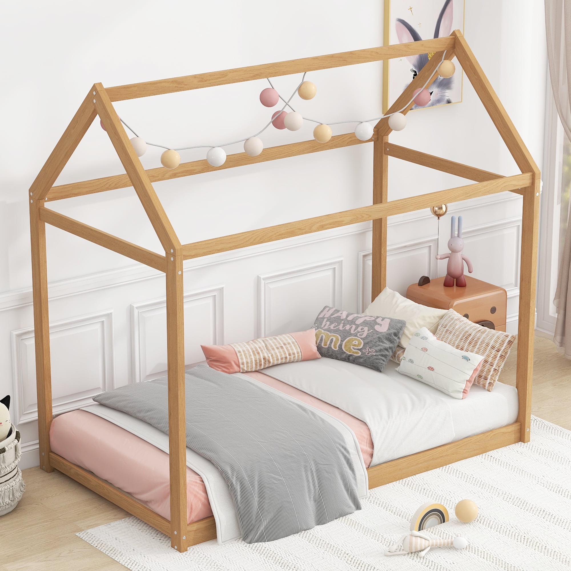 Euroco Twin Wood House Bed Frame with Roof, Wood - Image 3