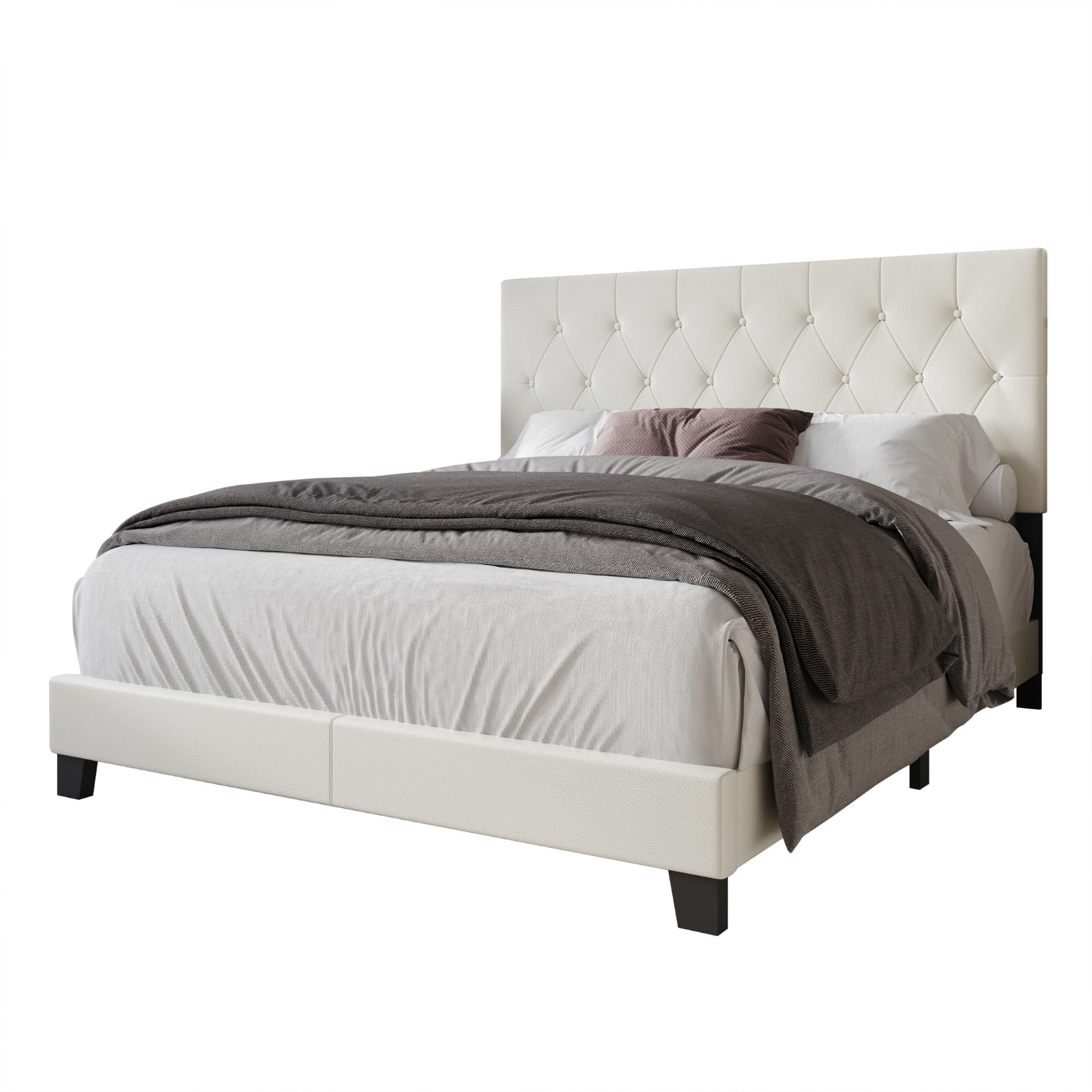 Home Design Boone Queen Tufted Upholstered Panel Bed with Faux Leather and Padded Headboard, White, Easy Assembly - Image 4