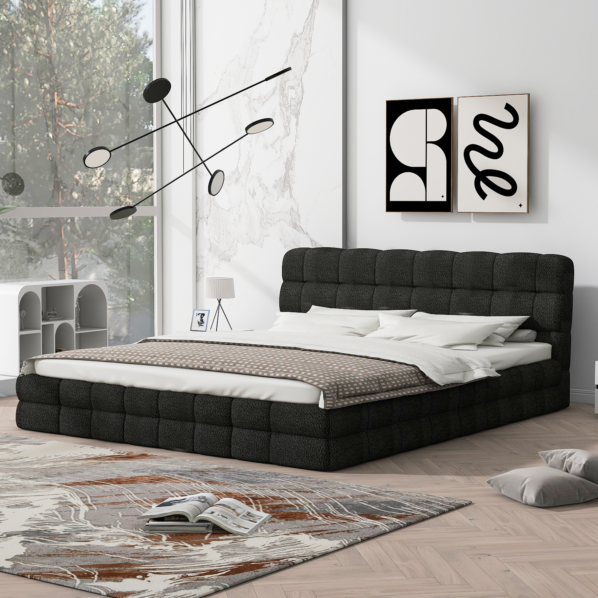 Euroco Upholstered Queen Size Platform Bed with Tuft Headboard, Black - Image 2