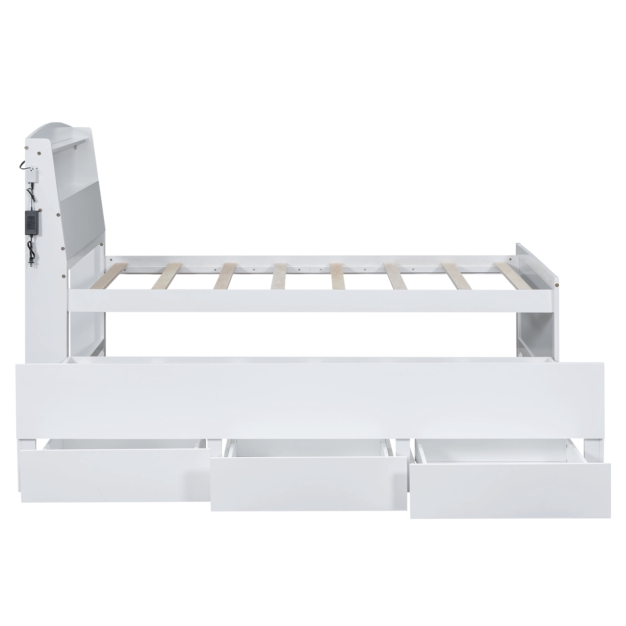 Euroco Wood Twin Size Platform Bed with Storage Headboard, Drawers Trundle and LED Light, White - Image 5