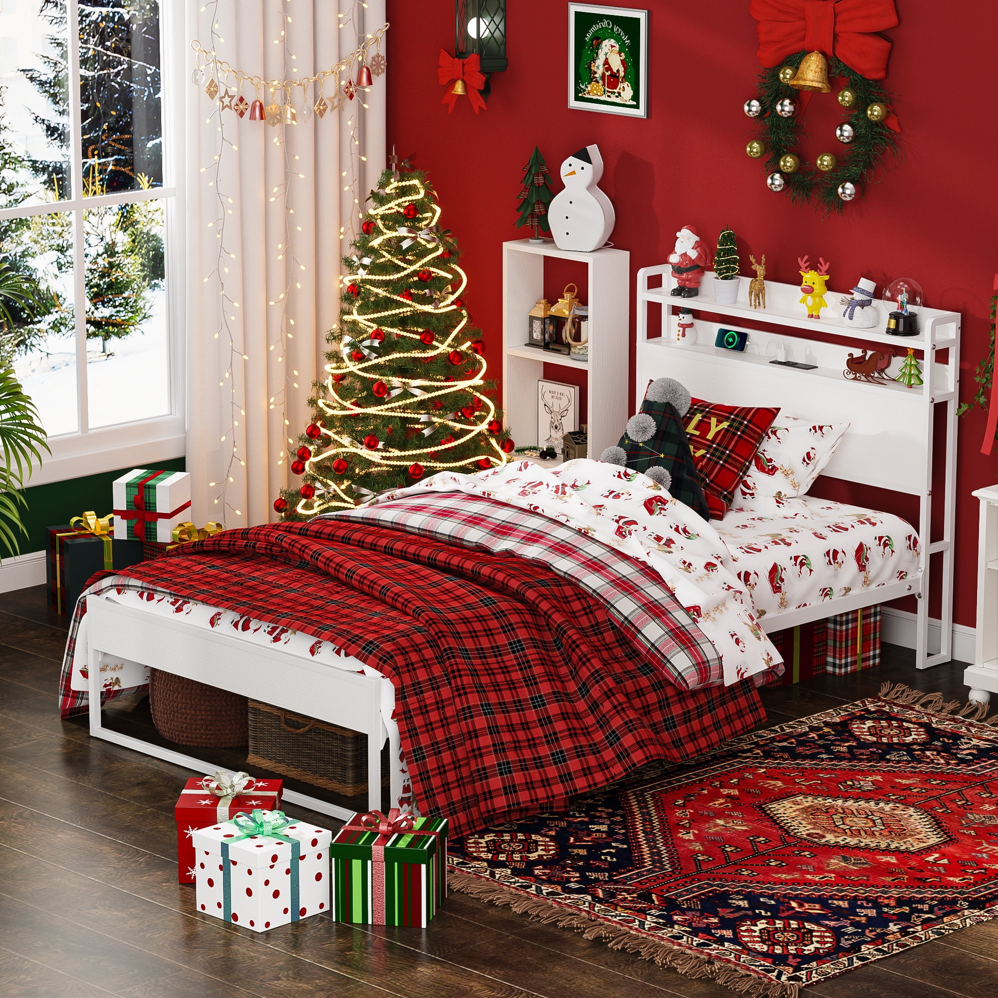 Yoneston Power Outlet Twin Metal Platform Bed Frame with 2-Tier Storage Charging Station Headboard for Kids Bedroom Furniture, White - Image 5