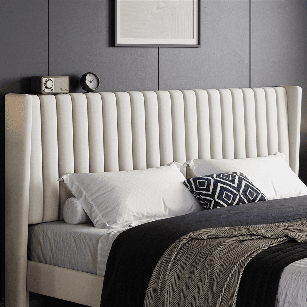 Renwick Wingback Upholstered Platform Bed Frame, King, Ivory - Image 5