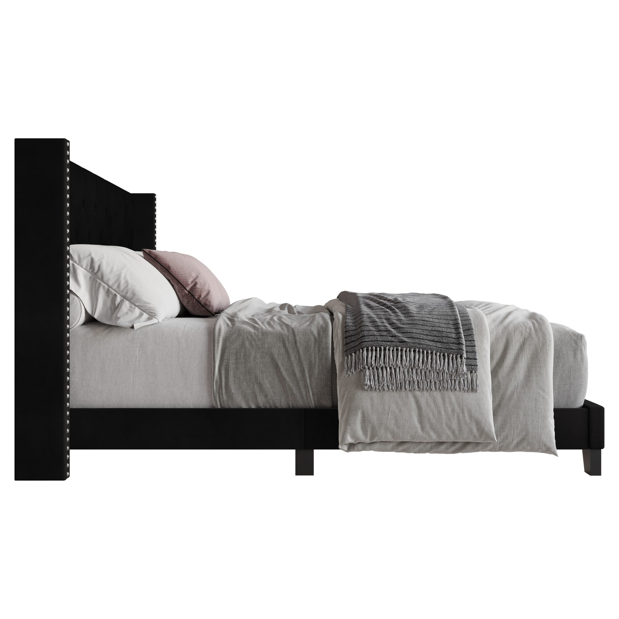 Home Design Monroe Queen Tufted Upholstered Wingback Panel Bed Frame with Diamond Tufting and Nailhead Trim for Adult Bedroom, Black - Image 5