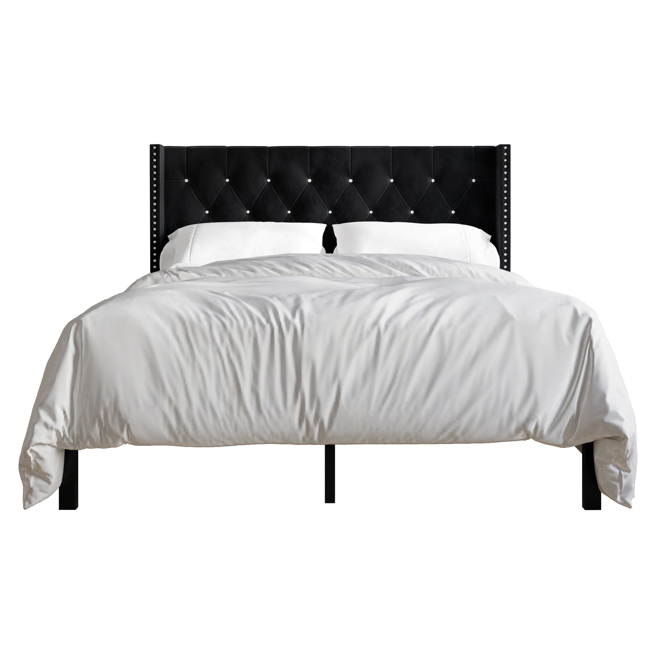 Castle Place Button Tufted Wingback Velvet Upholstered Bed, Black, Queen - Image 4