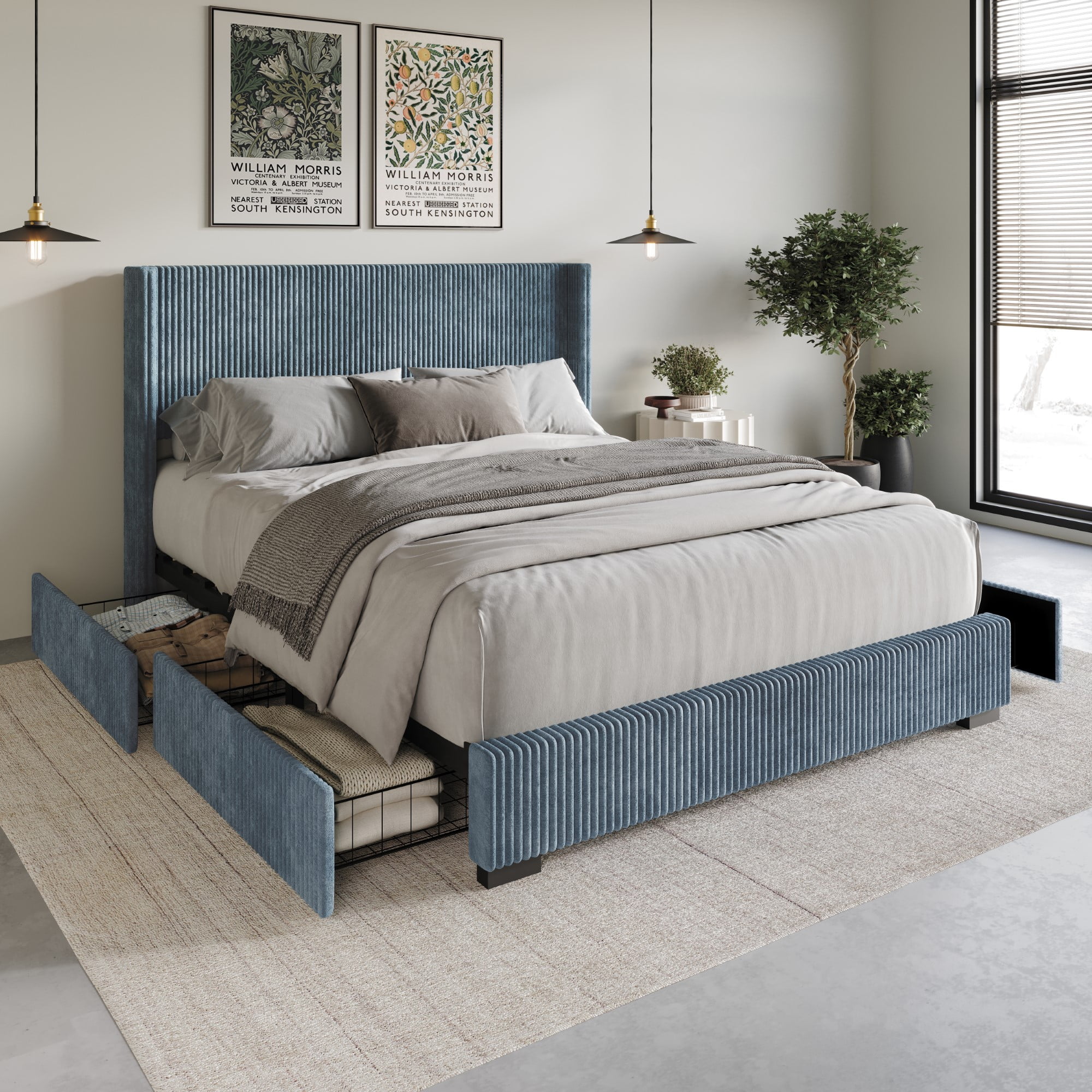 Home Design Rochester King Upholstered Storage Platform Bed Frame with Wingback Headboard and Four Under-Drawers, Blue, Easy Assembly - Image 2