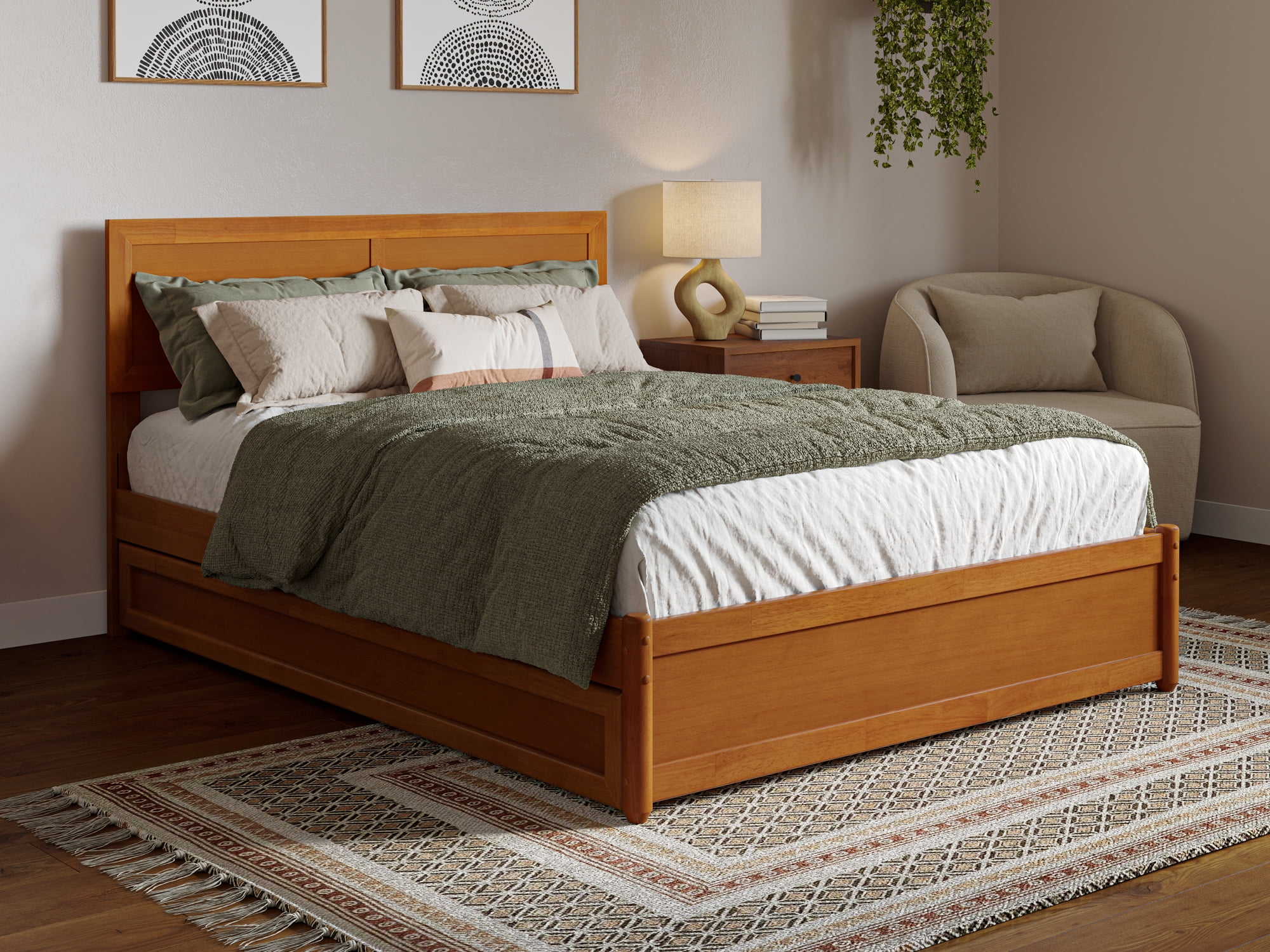 AFI Lylah Full Wood Platform Bed with Panel Footboard and Twin Trundle, Light Toffee - Image 3