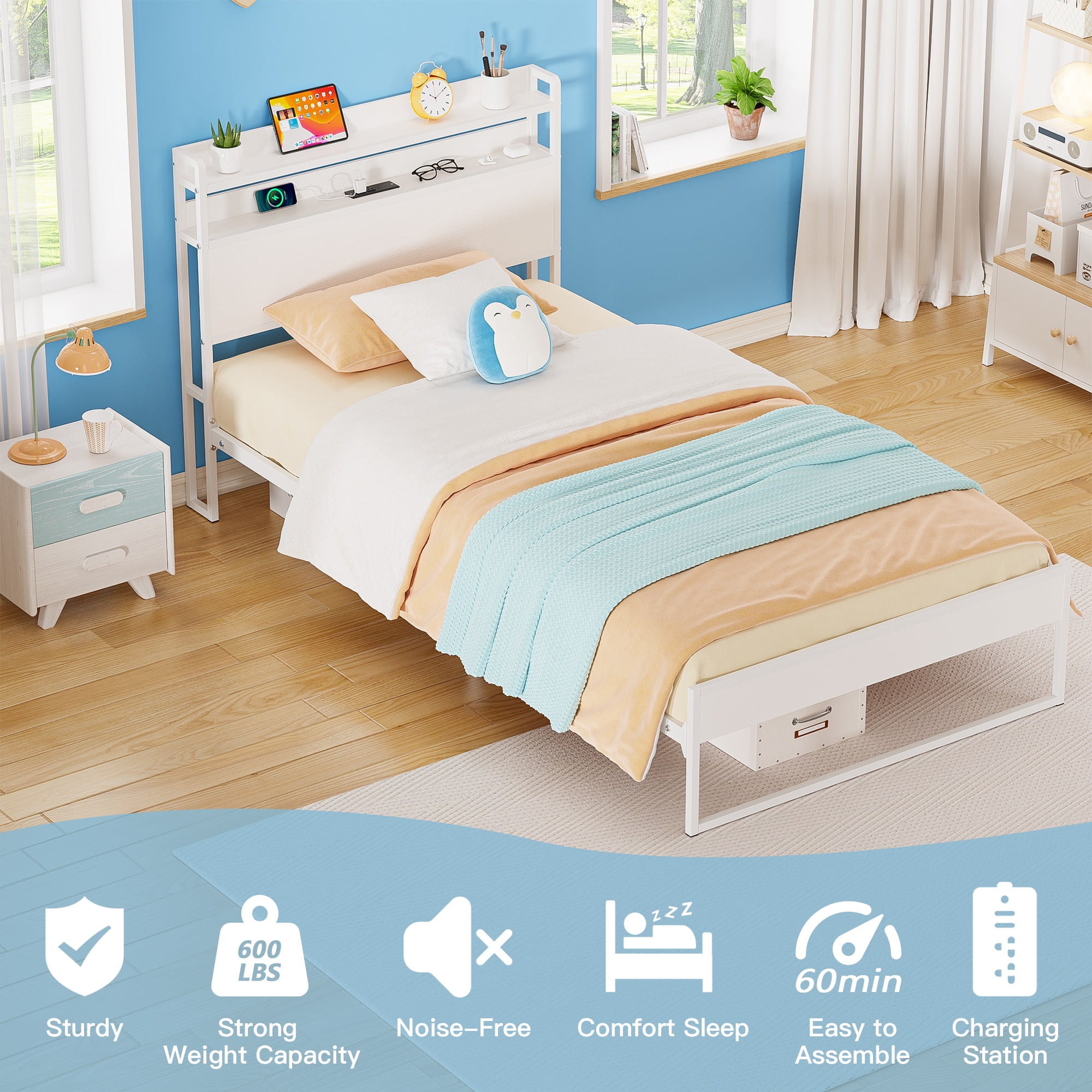 Yoneston Power Outlet Twin Metal Platform Bed Frame with 2-Tier Storage Charging Station Headboard for Kids Bedroom Furniture, White - Image 6