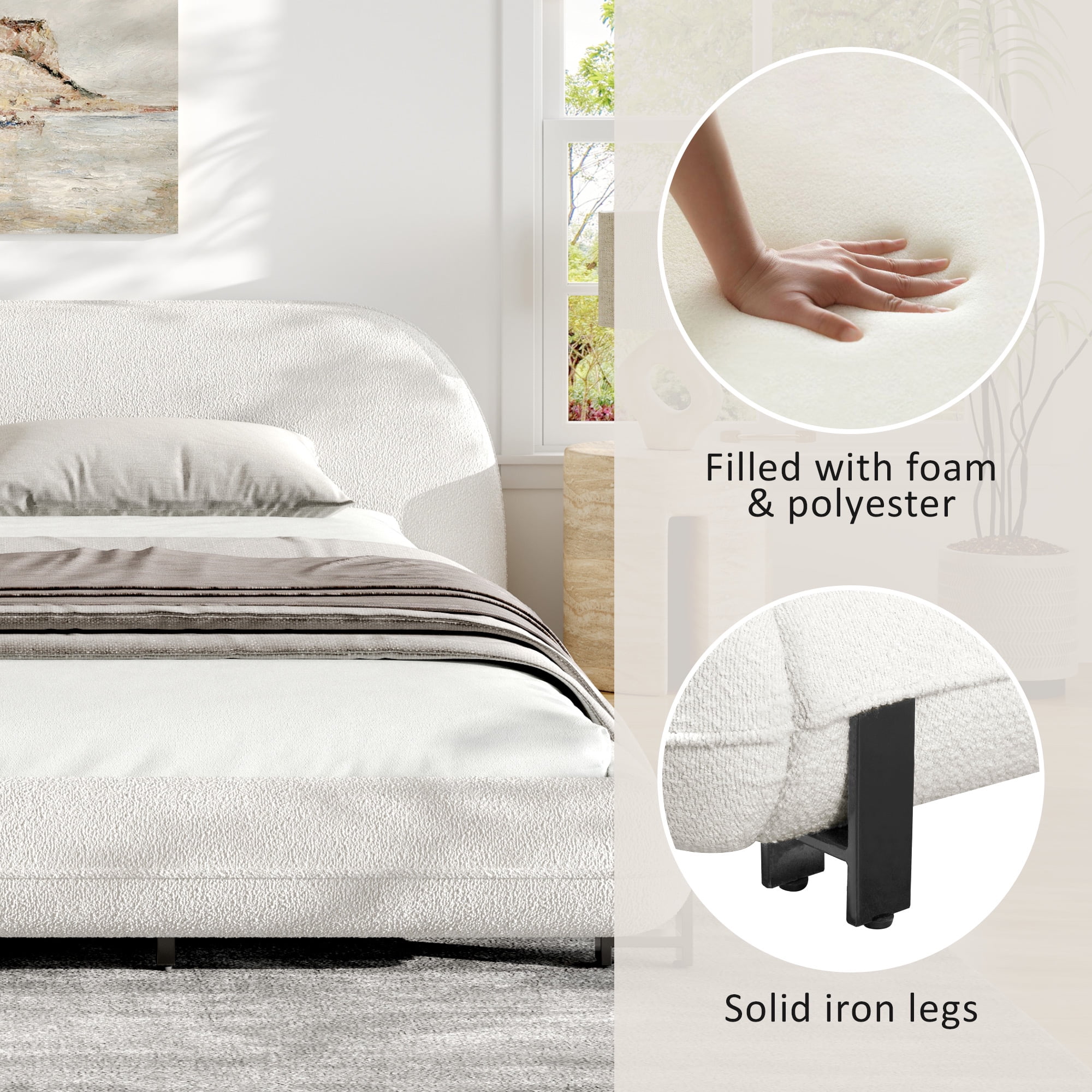 Christopher Knight Home Queen Upholstered Platform Bed with Thick Headboard, White - Image 6