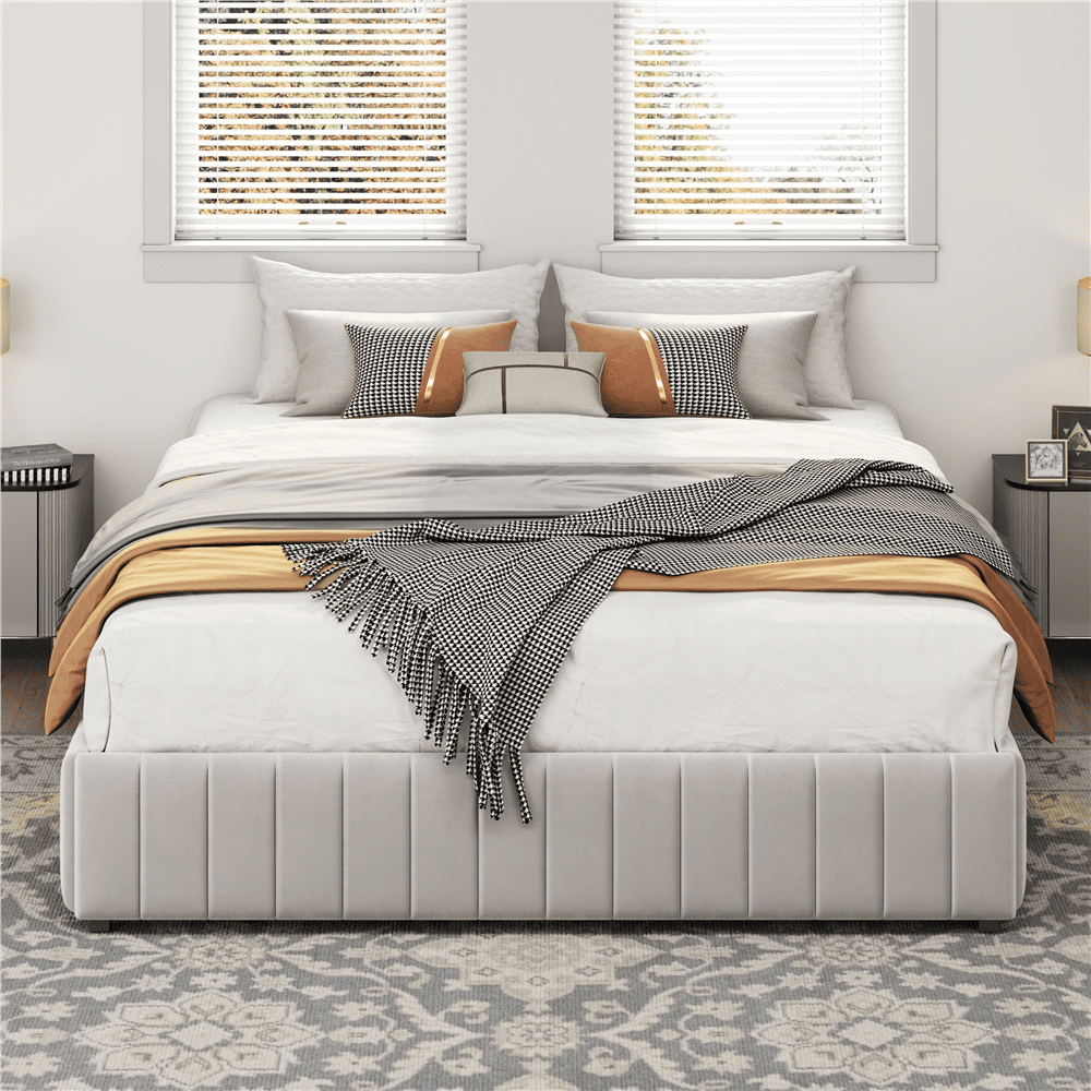 Renwick Full Size Upholstered Bed Frame with 4 Storage Drawers for Adult, Beige - Image 4