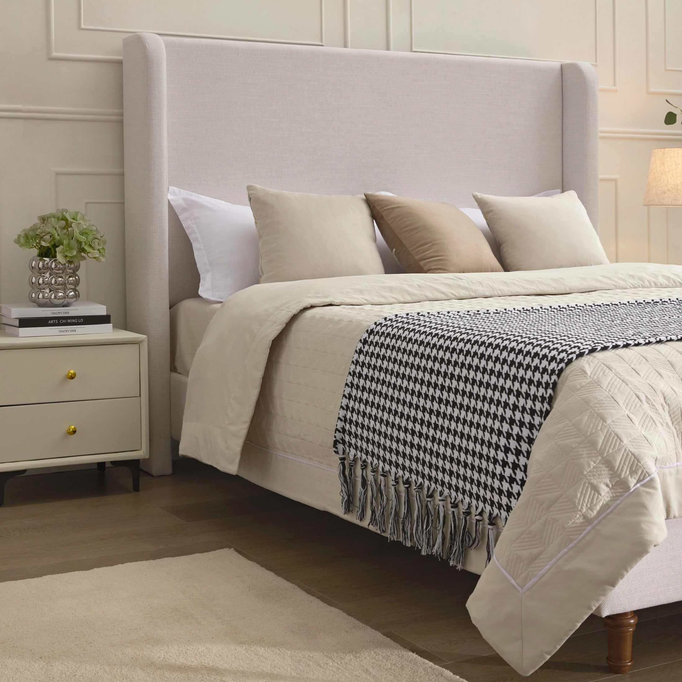 Noble House Hayden Queen Upholstered Bed Frame, 54" Tall Chenille Headboard with Curved Wingback, Ivory - Image 7