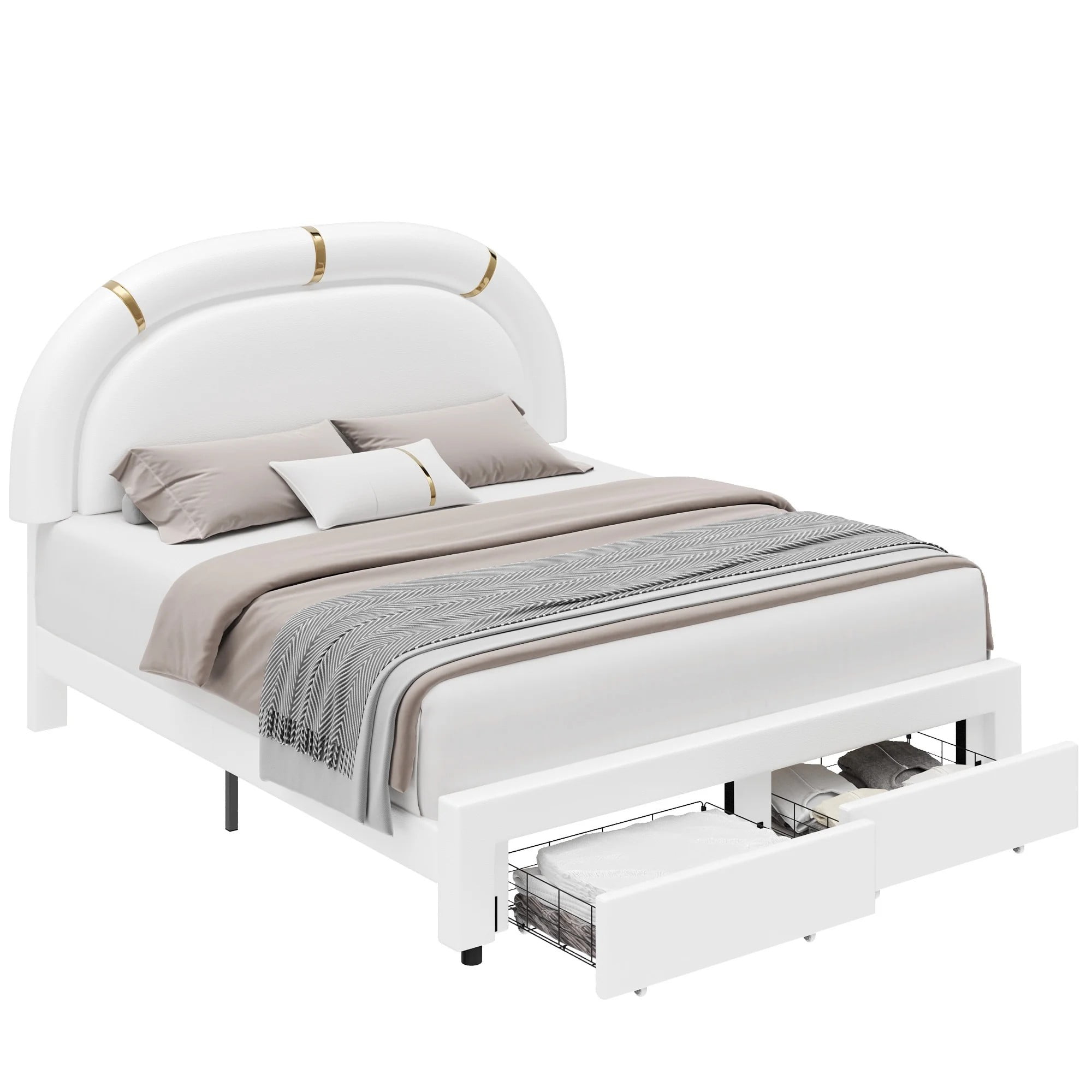 COMHOMA Queen Bed Frame with LED & 2 Storage Drawer, Modern Adjustable Headboard Faux Leather Upholstered Platform Bed, White - Image 2