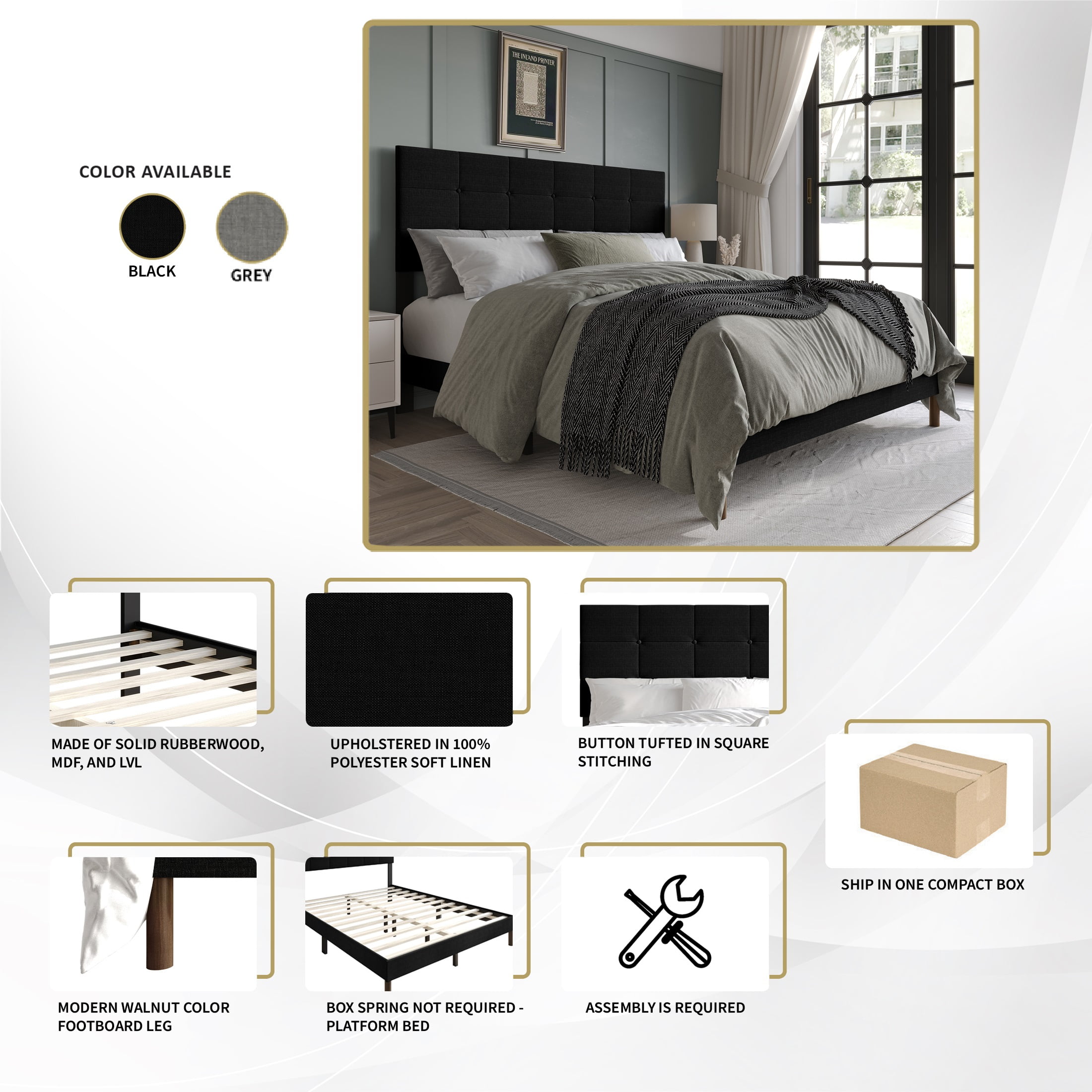 Castle Place Elegant Square Tufted Linen Upholstered Full Platform Bed, Black - Image 4