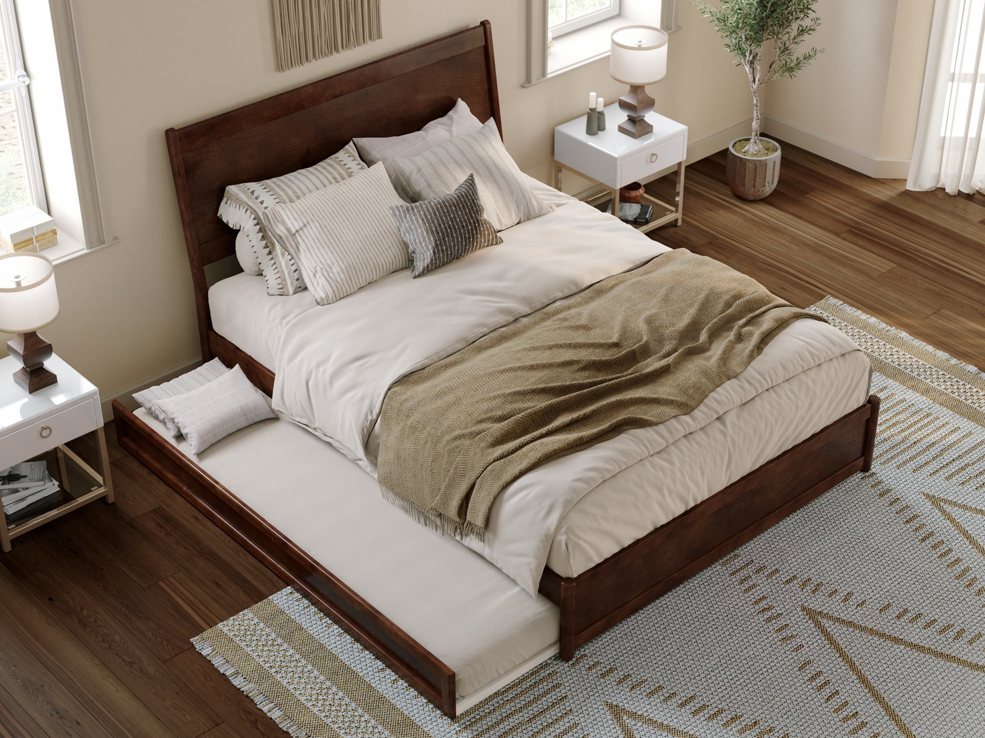 AFI Casanova Queen Wood Platform Bed with Panel Footboard and Twin-XL Trundle, Walnut - Image 4