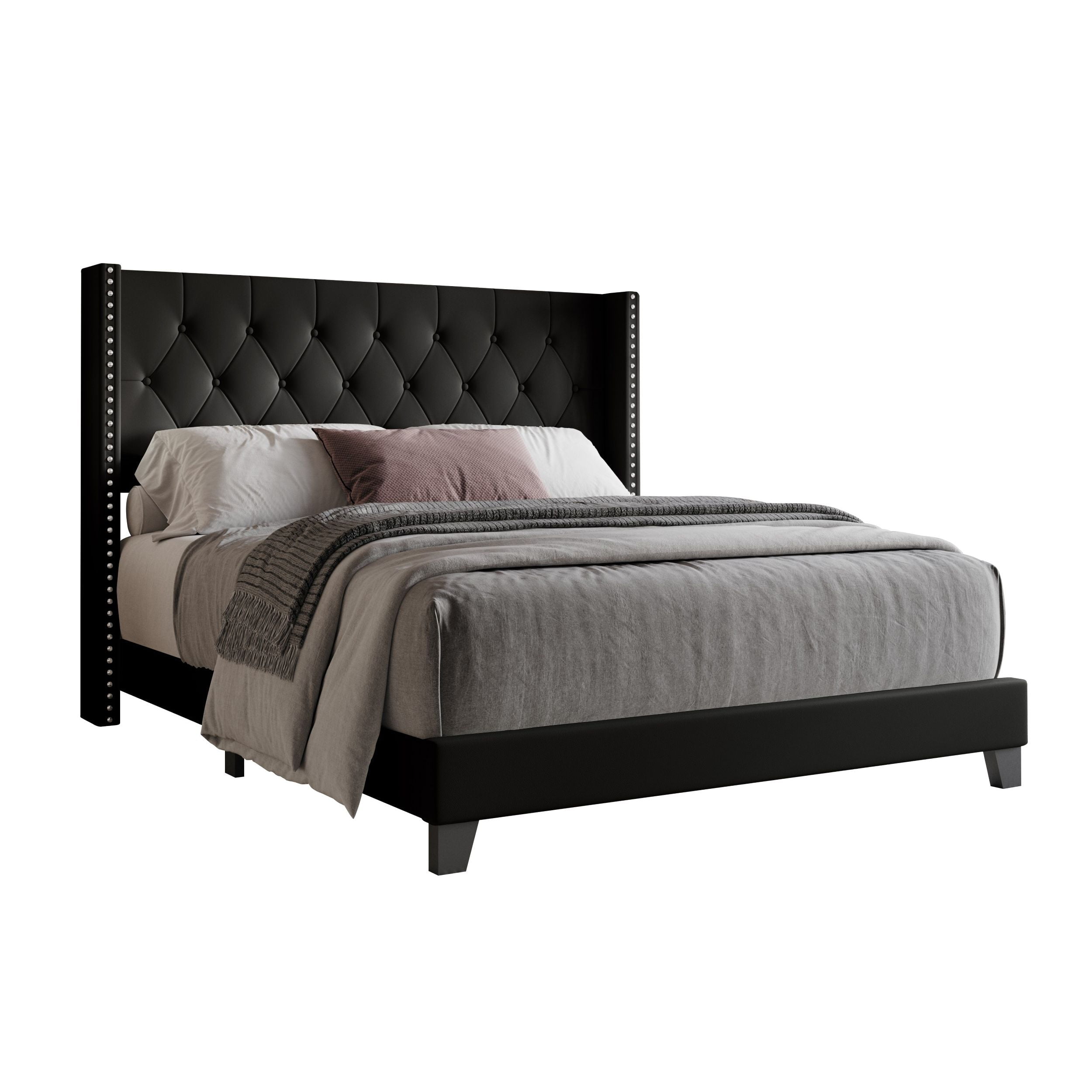 Home Design Homer Queen Button-Tufted Wingback Upholstered Panel Bed Frame with Nailhead Trim design for Adult, Black, Easy Assembly - Image 4