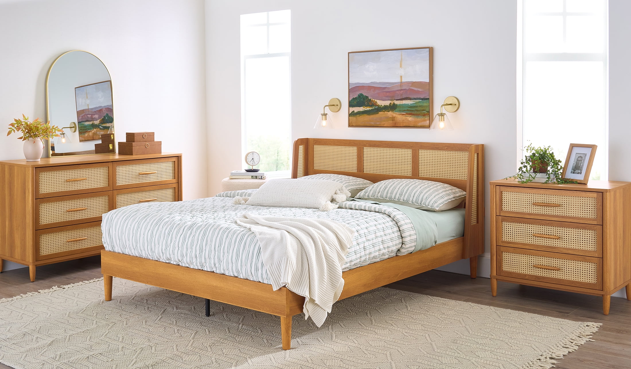 Better Homes & Gardens Springwood Caning Queen Platform Bed With Headboard, Light Honey Finish - Image 6