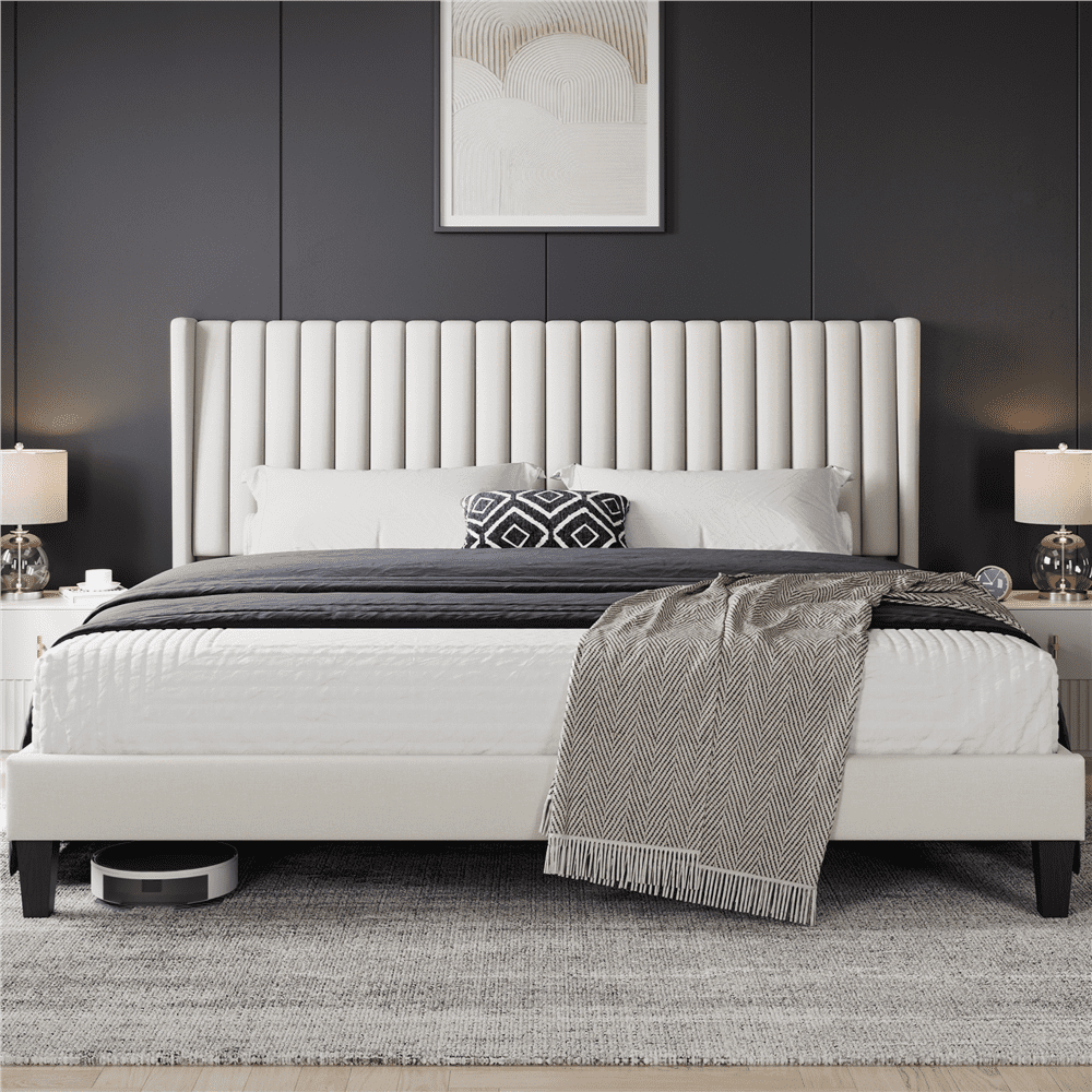 Renwick Wingback Upholstered Platform Bed Frame, King, Ivory - Image 6