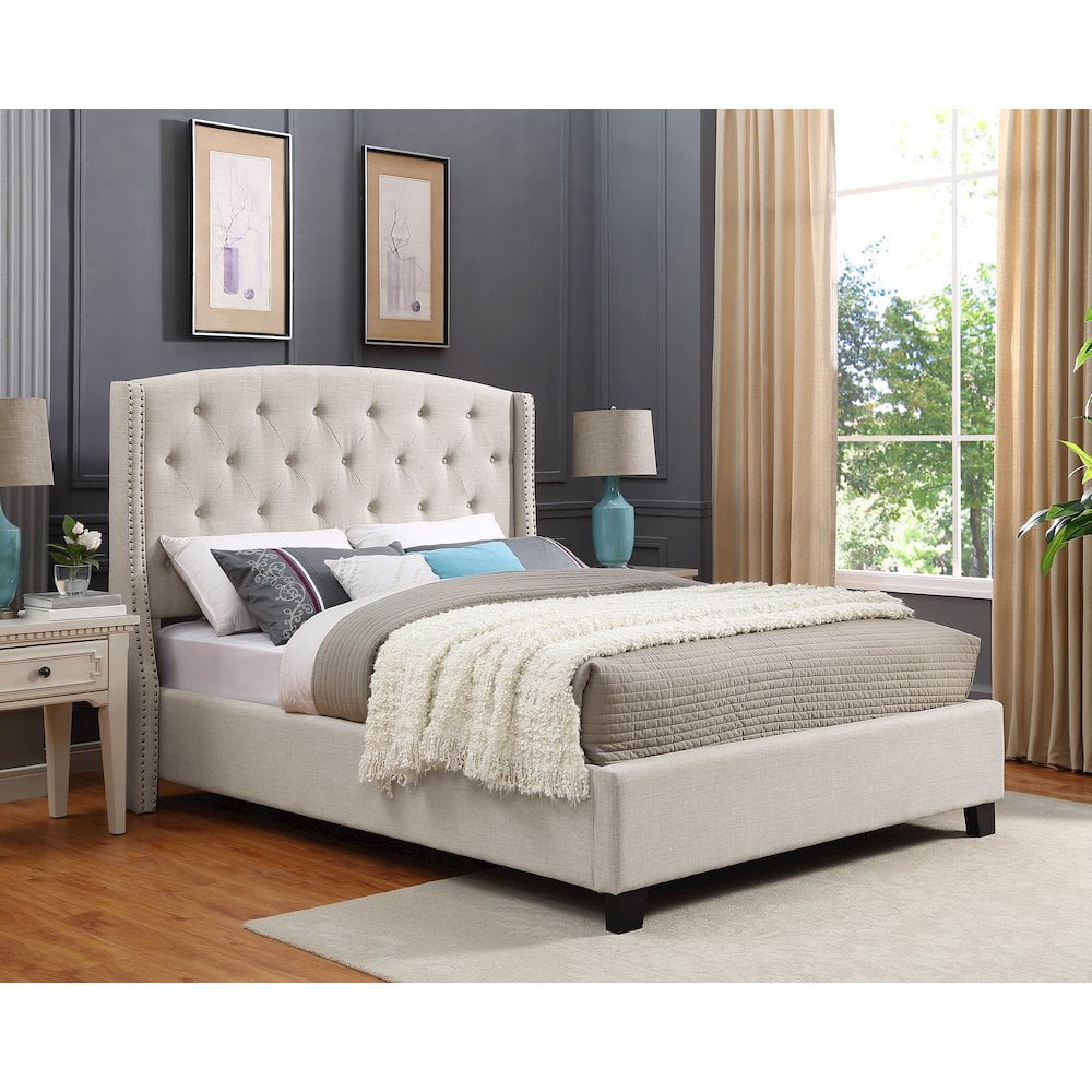 Nantarre Fabric Tufted Wingback Upholstered Bed with Nailhead Trim,Tan - Image 6
