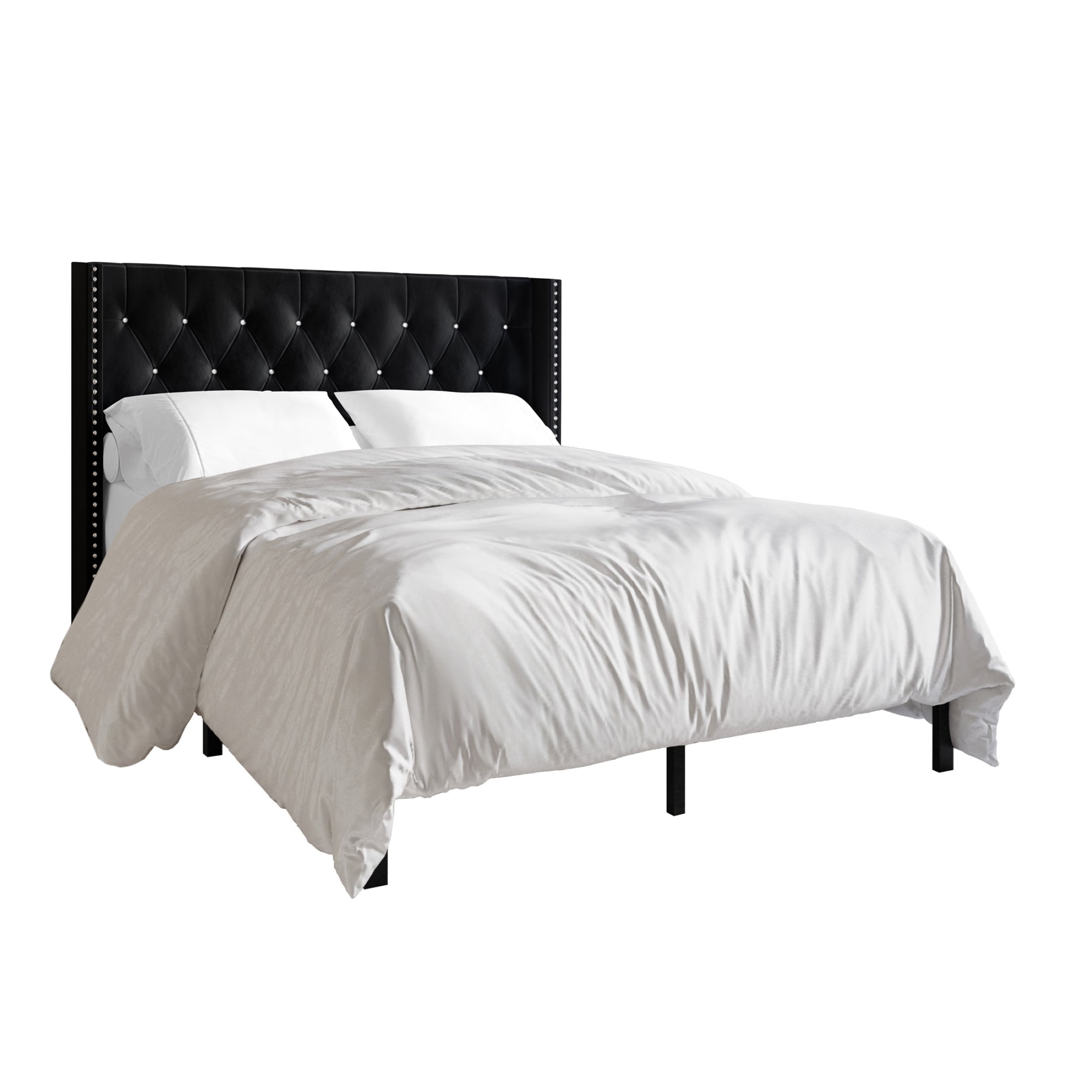 Castle Place Button Tufted Wingback Velvet Upholstered Bed, Black, Queen - Image 3