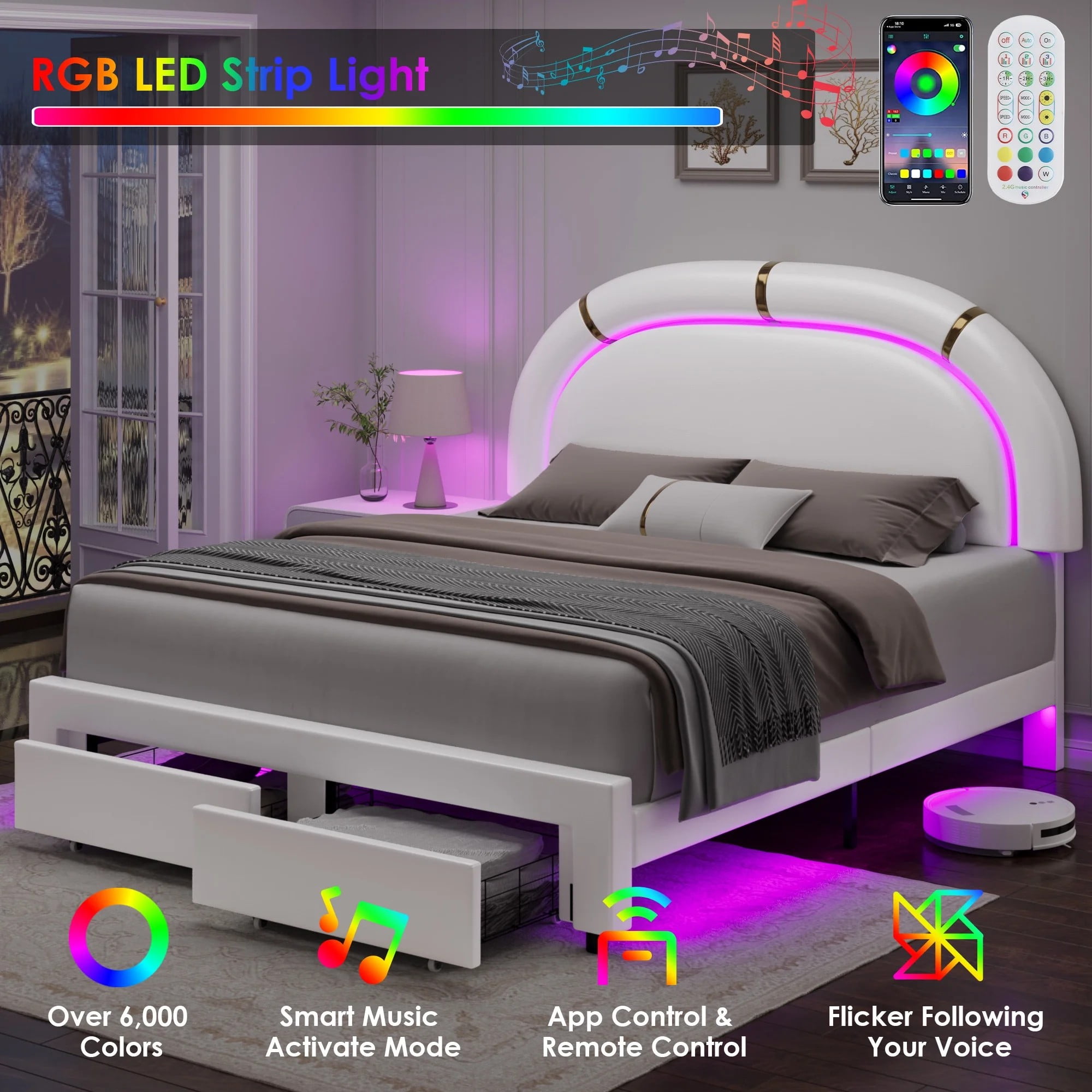 COMHOMA Queen Bed Frame with LED & 2 Storage Drawer, Modern Adjustable Headboard Faux Leather Upholstered Platform Bed, White - Image 4