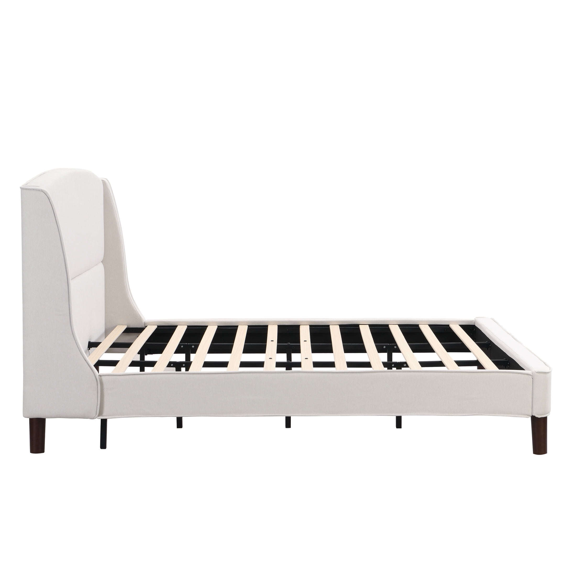 Kian Modern King Bed Frame, Upholstered Platform Bed with Wingback Headboard, Solid Wood Legs, Beige - Image 3