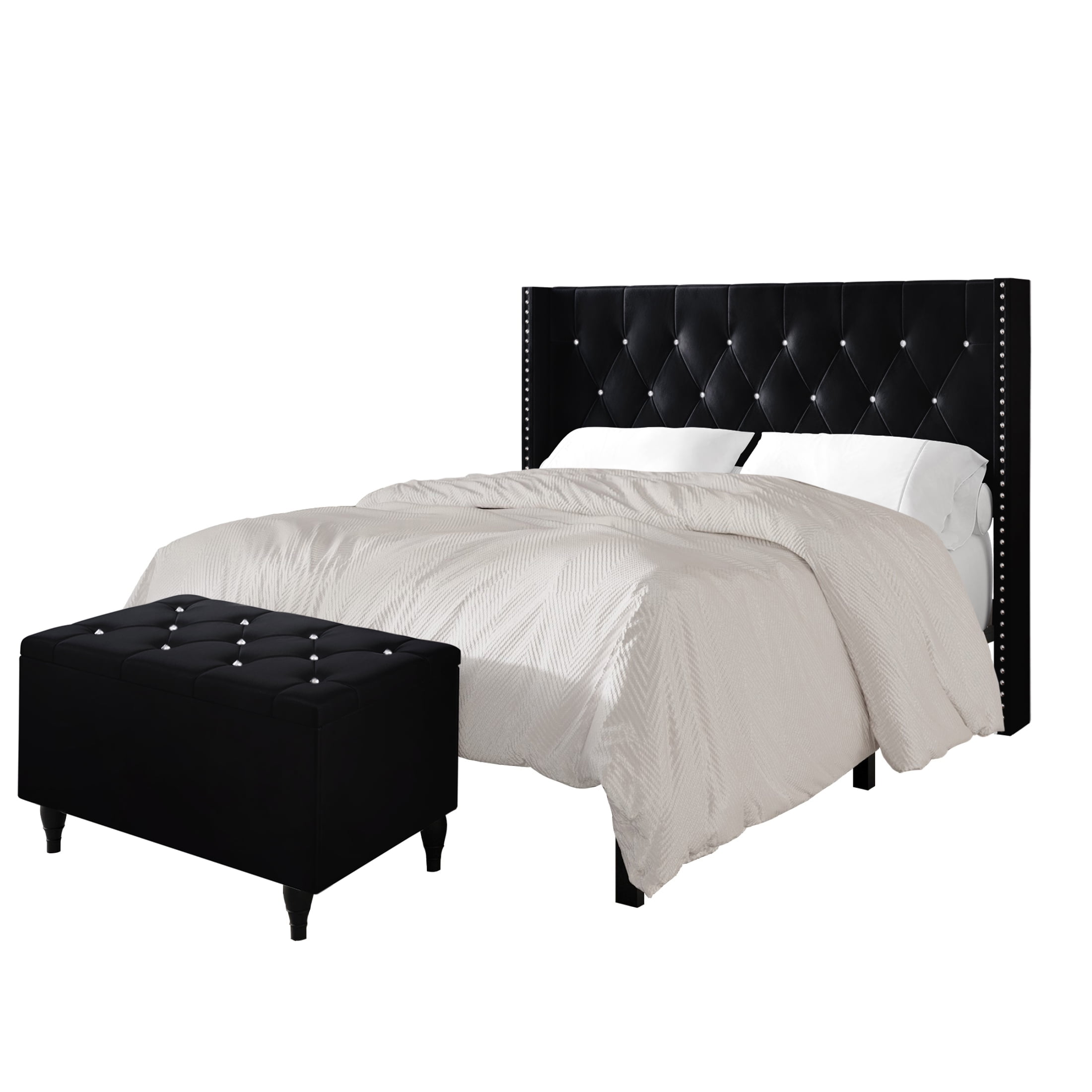 Castle Place Button Tufted Wingback Velvet Upholstered Bed with Storage Bench, Black, King - Image 4
