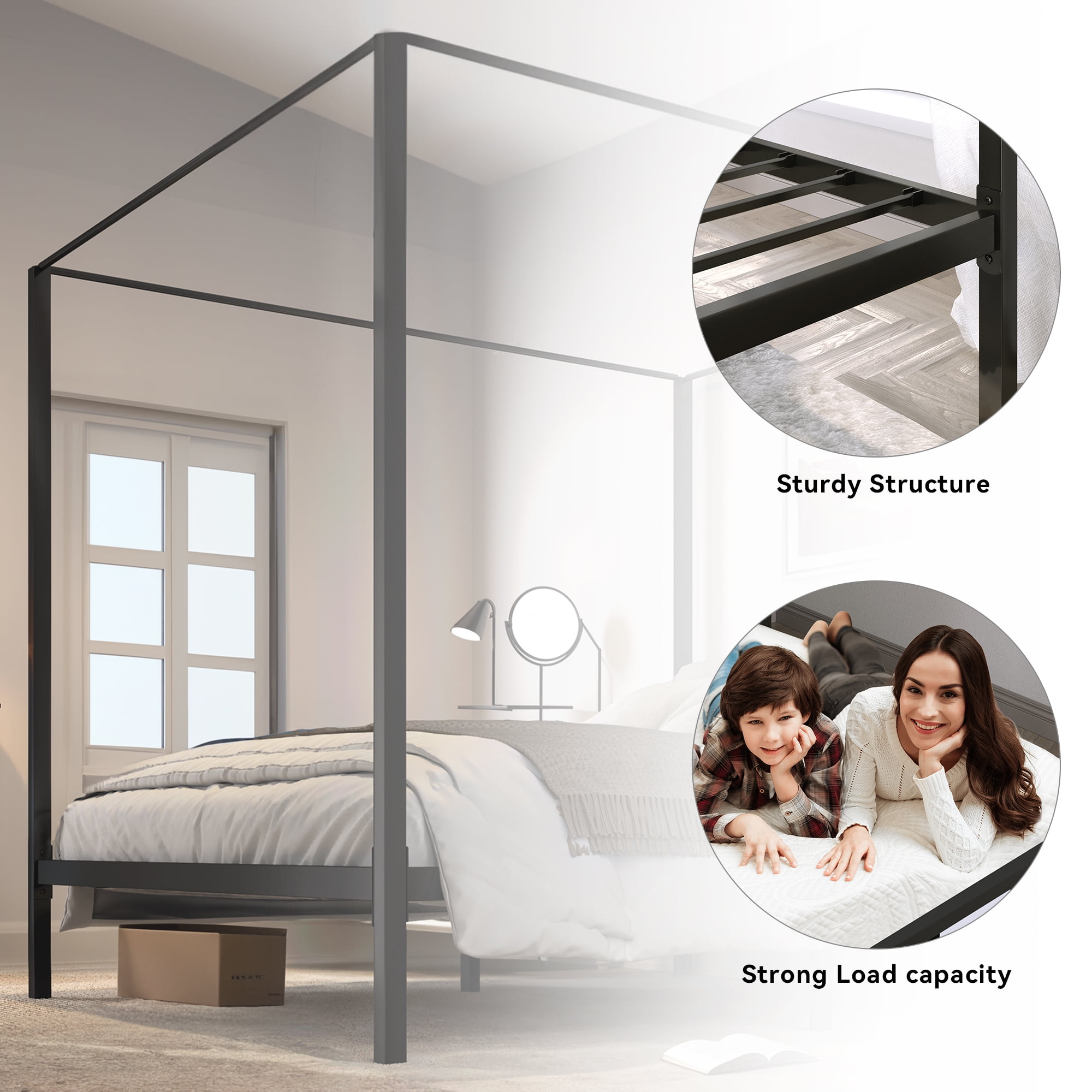 Dextrus King Size Metal Four Poster Canopy Bed Frame, Sturdy Platform with Built-in Headboard, Black - Image 2