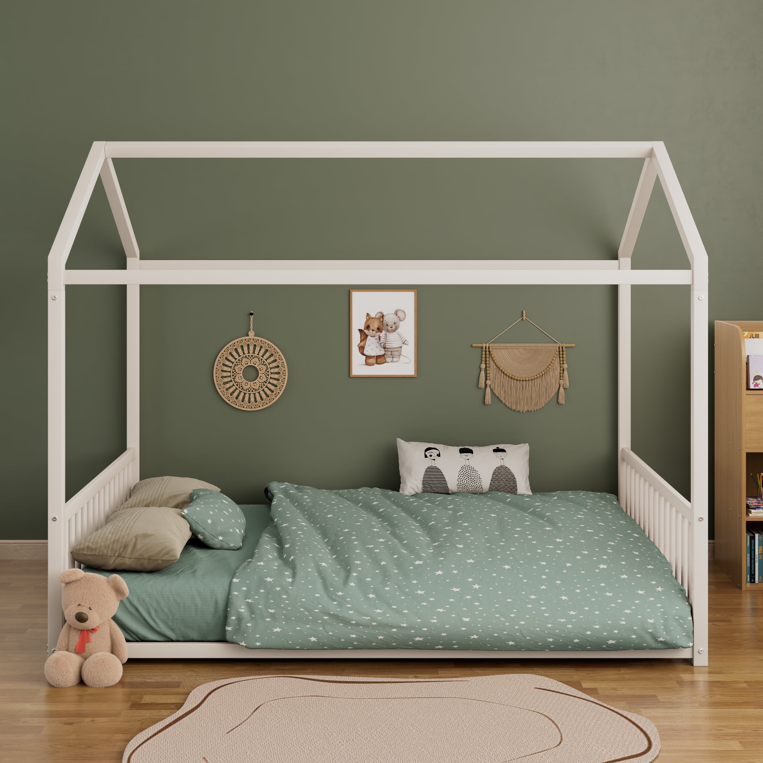 Euroco Metal Full Size Canopy Bed, Low Profile House Bed with Guardrails, White - Image 6