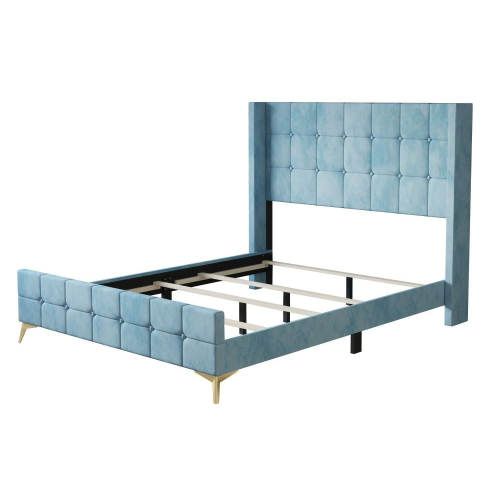 Home Design Gisella Full Upholstered Panel Bed Frame with Headboard Wingback for Adult, Blue, Easy Assembly - Image 3