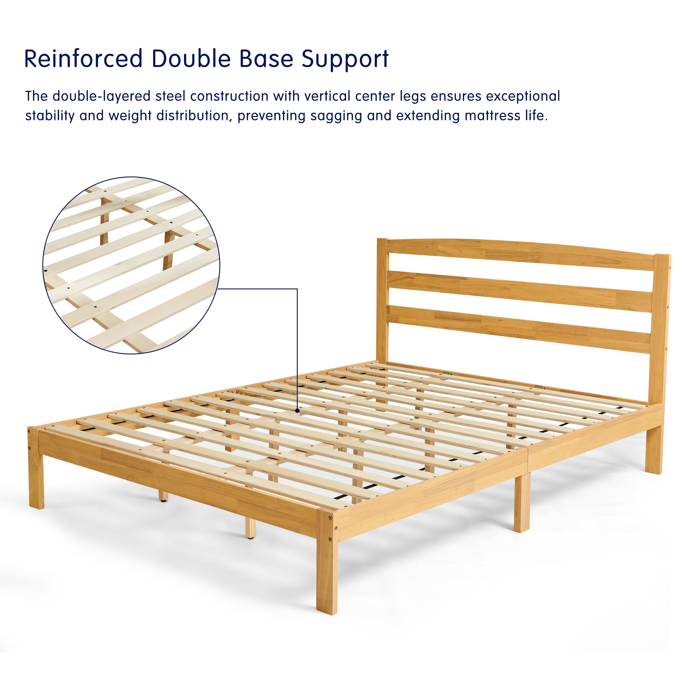 Queen Wood Bed Frame with Headboard, Solid Wood Platform, Quiet & Stable, No Box Spring, Natural - Image 2
