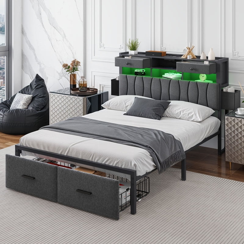 Uforic Full Upholstered Bed Frame with Charging Station, LED Platform Bed with Storage Drawers, Gray - Image 2