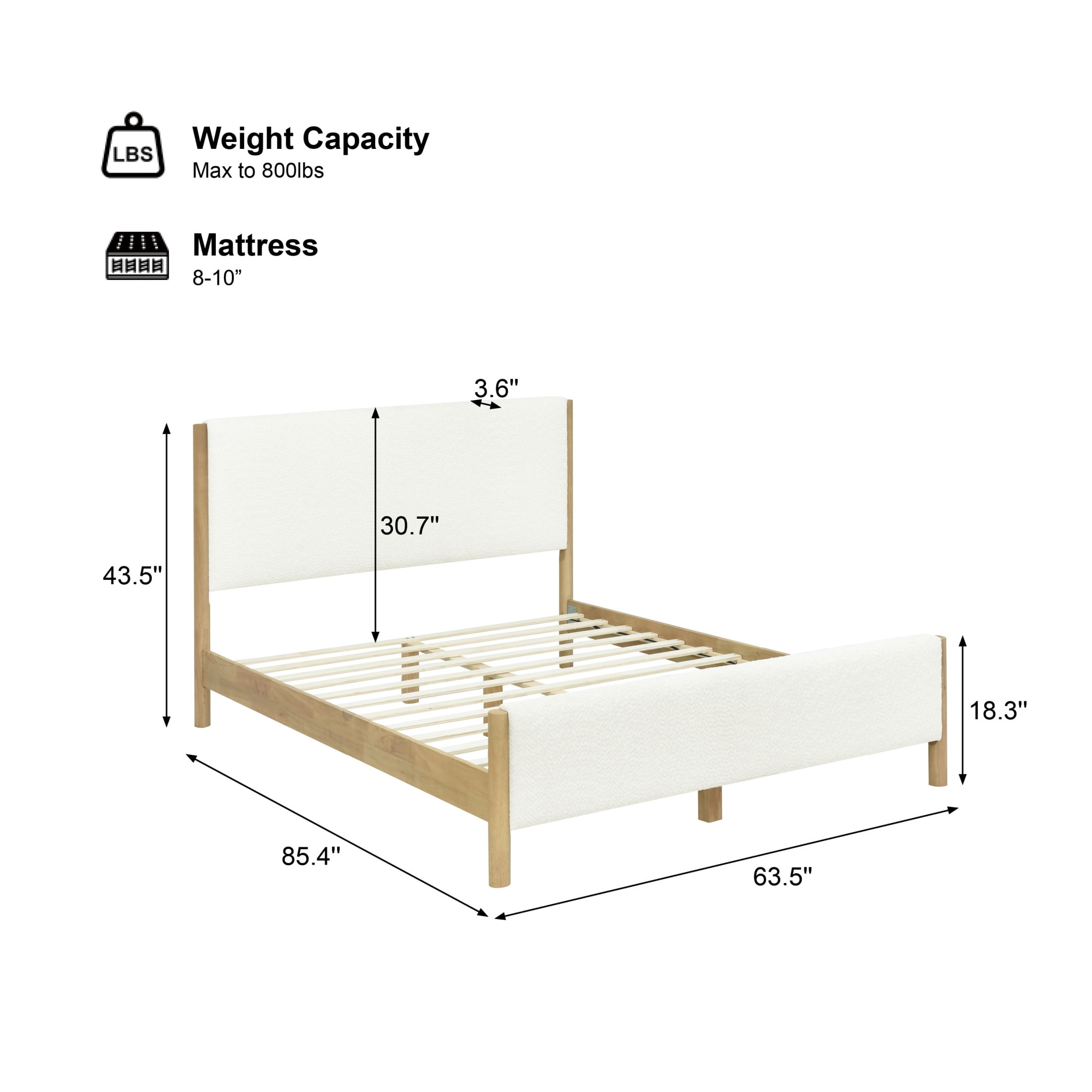 Christopher Knight Home Modern Boucle Upholstered Queen Bed Frame with Headboard, Solid Wood Legs, White - Image 3
