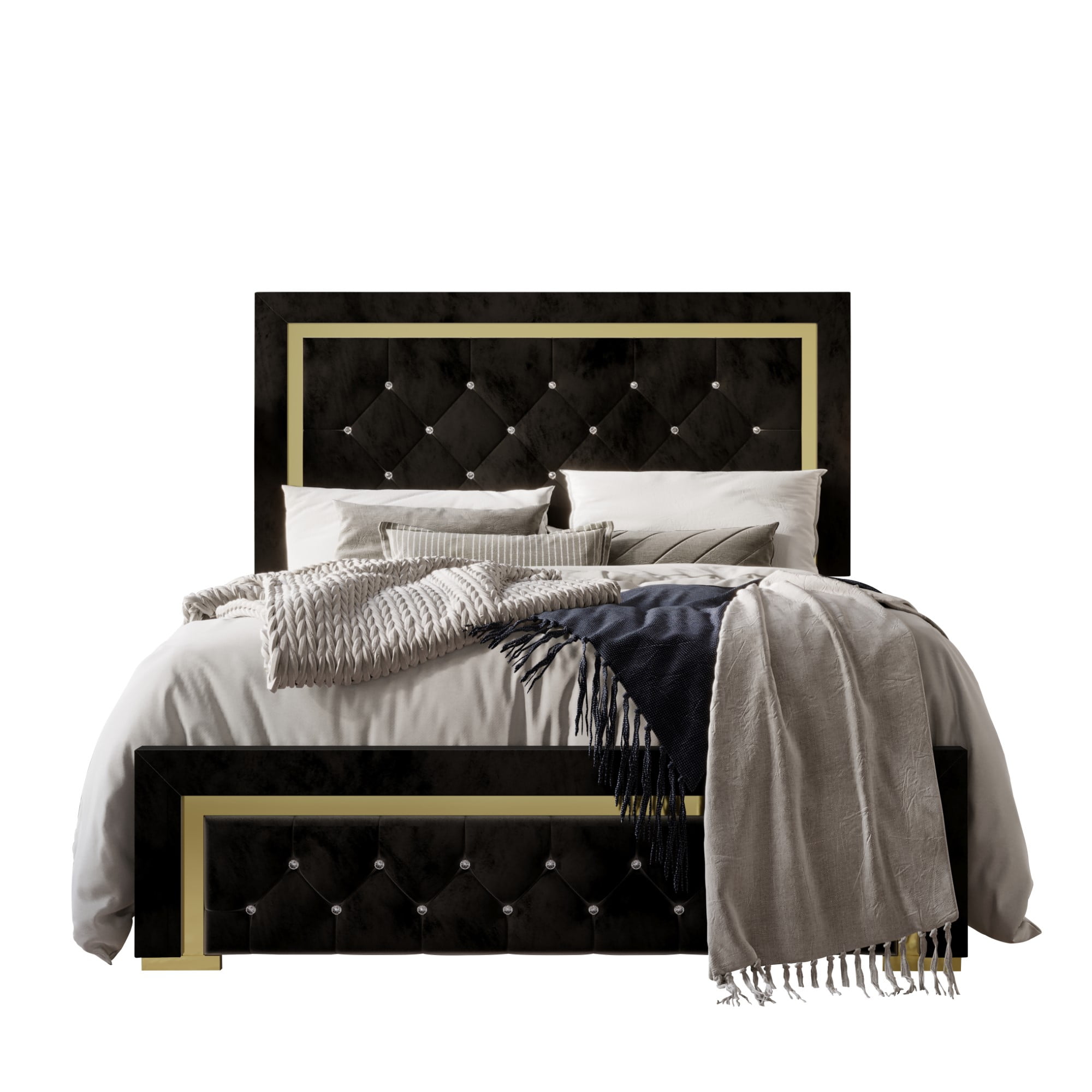 Home Design Deena Queen Upholstered Panel Bed Frame with Diamond Tufting and Gold Legs, Black, Easy Assembly - Image 3