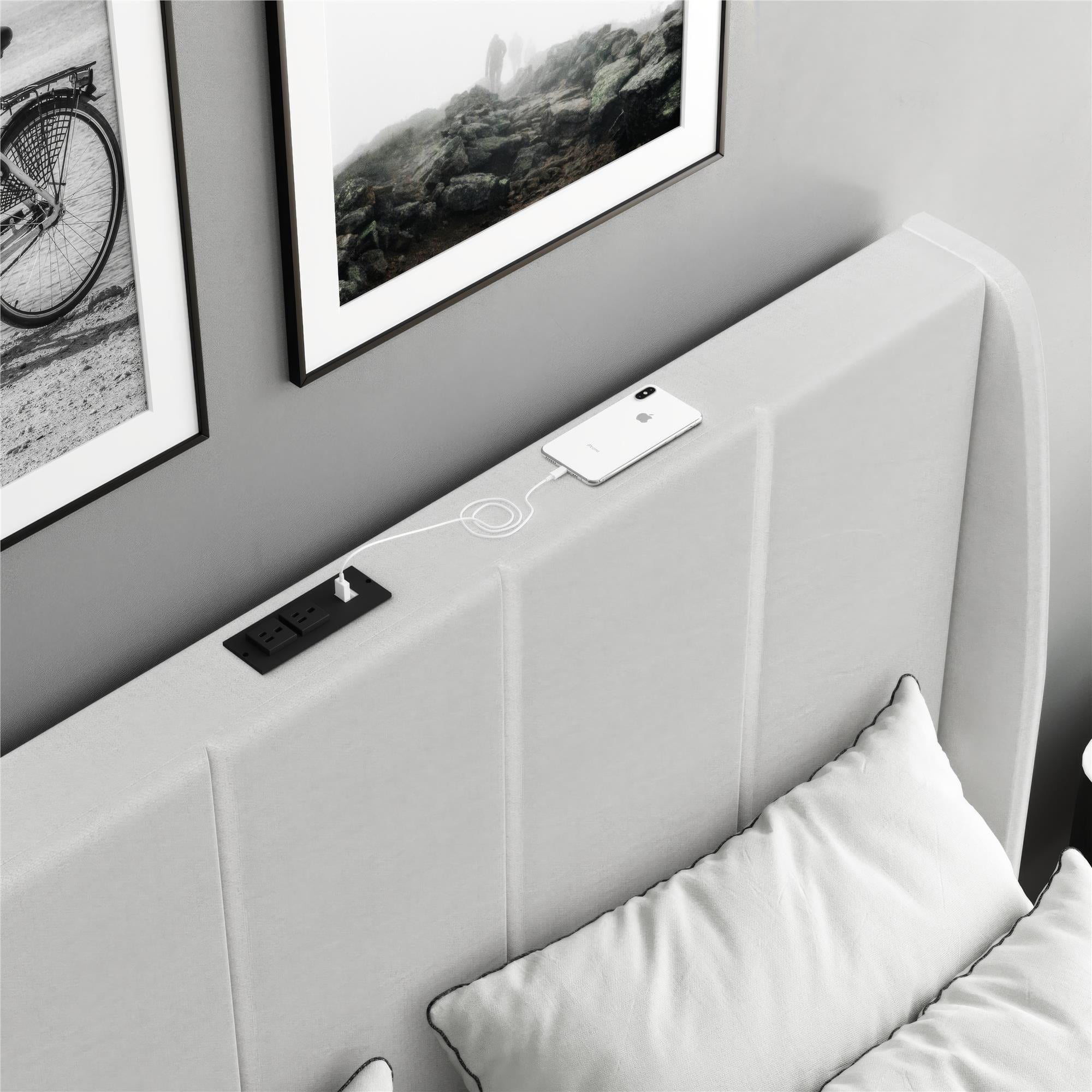 DHP Lamora Upholstered Wingback Bed Frame with USB, Queen, Light Gray Linen - Image 3