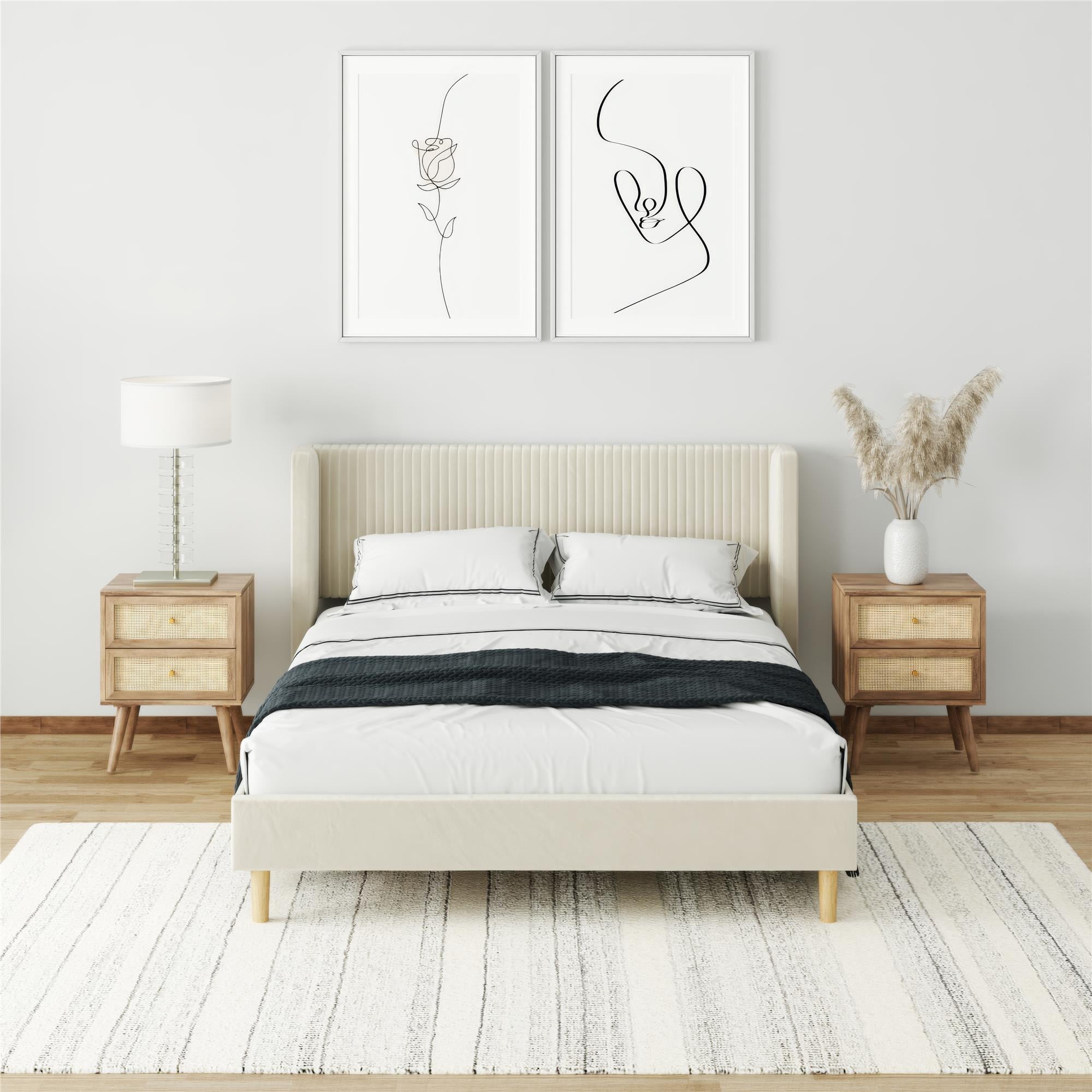 Mainstays Kelsey Upholstered Platform Bed Frame with Tufted Wingback Headboard, No Box Spring Required, Queen, Cream Velvet - Image 2