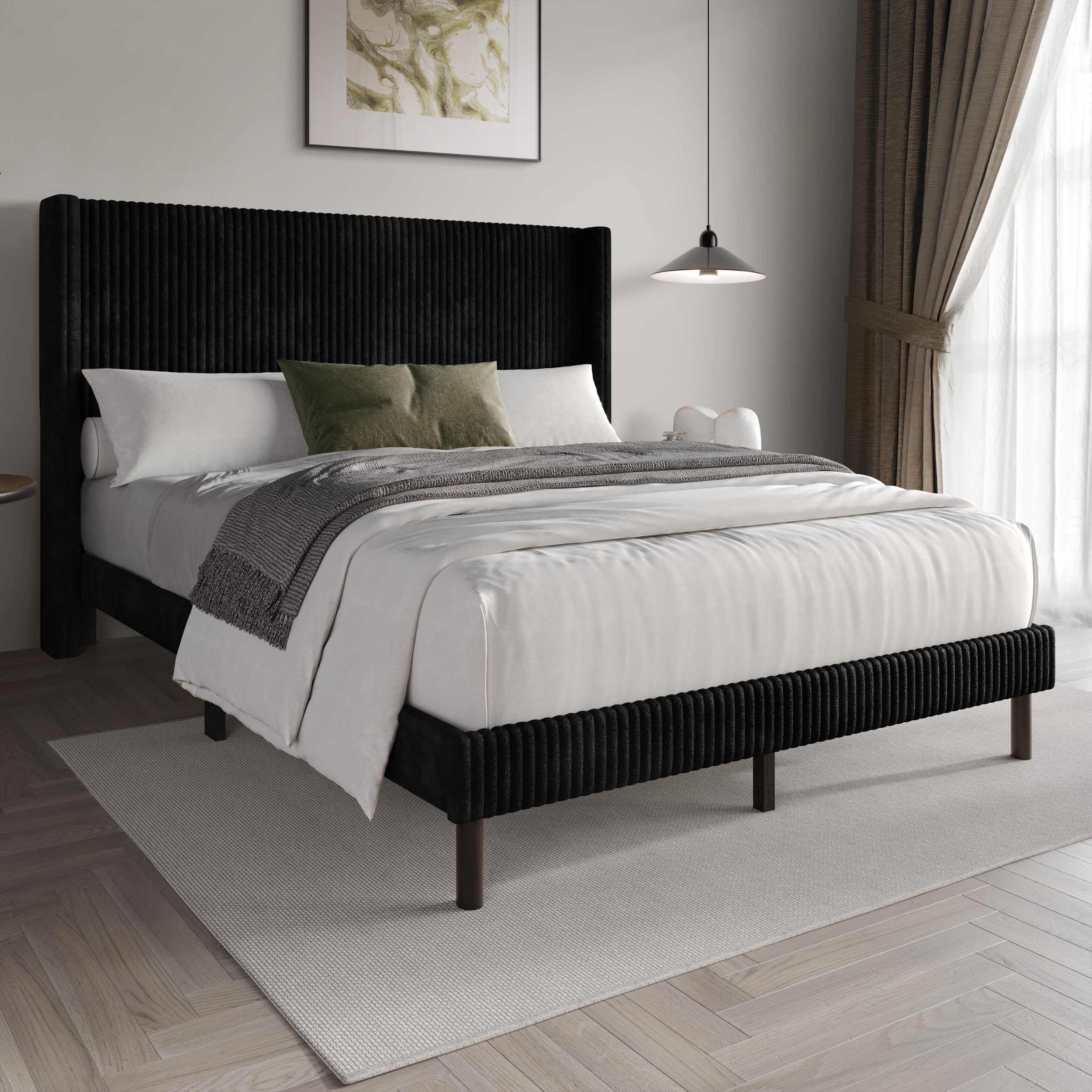 Home Design Duluth Queen Corduroy Velvet Upholstered Platform Bed Frame with Wingback Headboard & Button-Tufted Detail, Black, Easy Assembly - Image 2