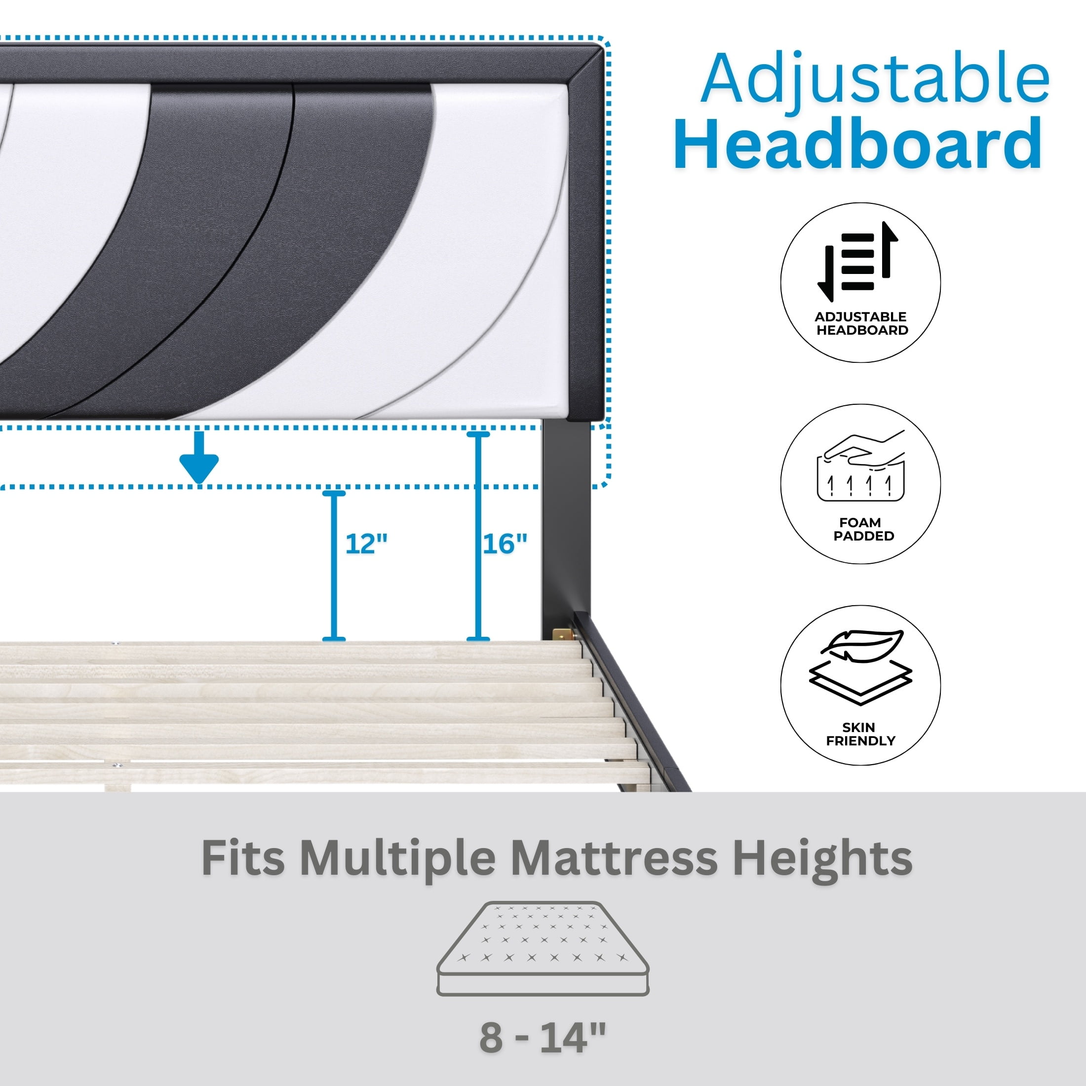 Boyd Sleep Bree White/Black Faux Leather Full Size Fully Upholstered Platform Bed Frame with Adjustable Headboard - Image 3