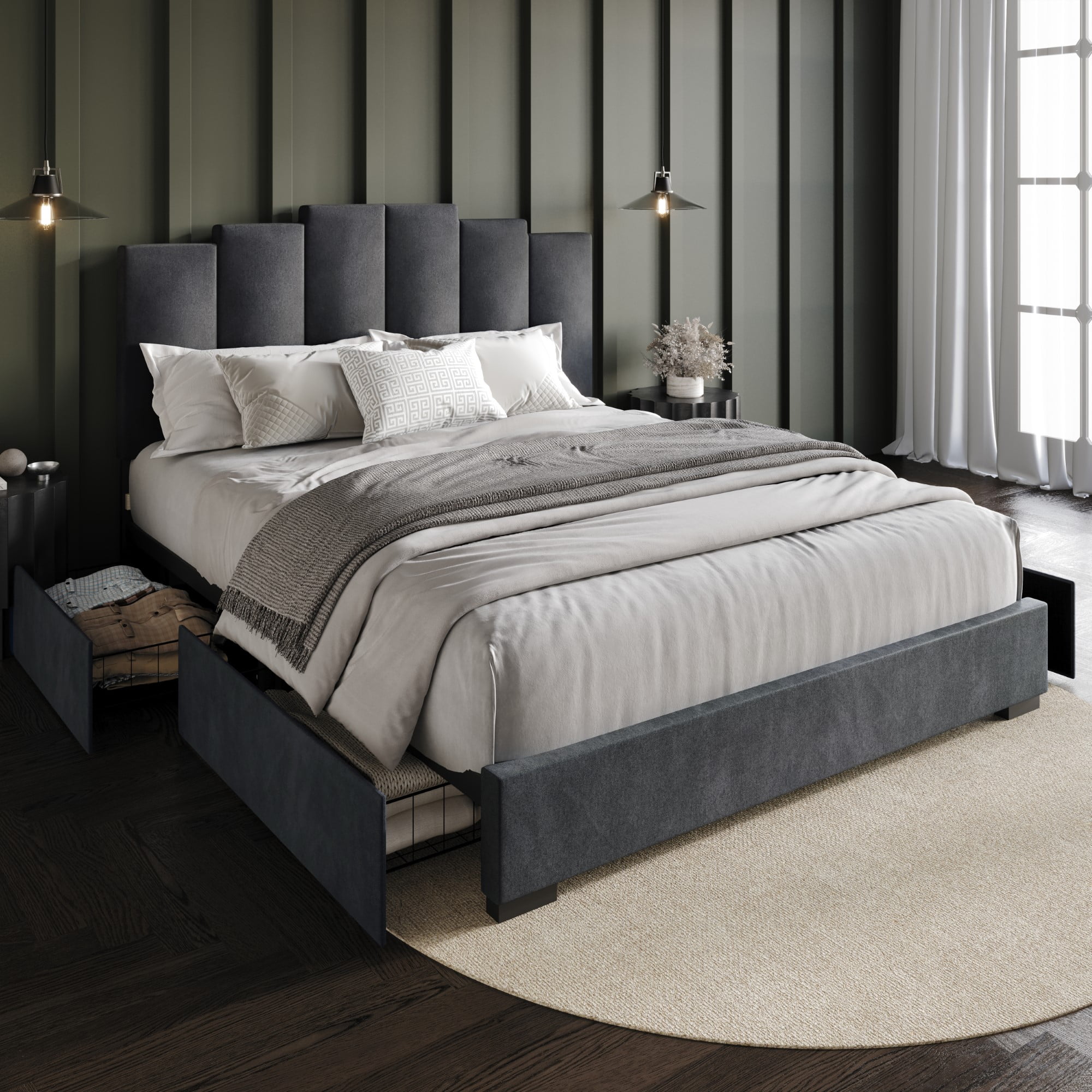 Home Design Yuma King Upholstered Storage Platform Bed Frame with Stepped Headboard Design and Four Under-Drawers, Dark Gray, Easy Assembly - Image 2
